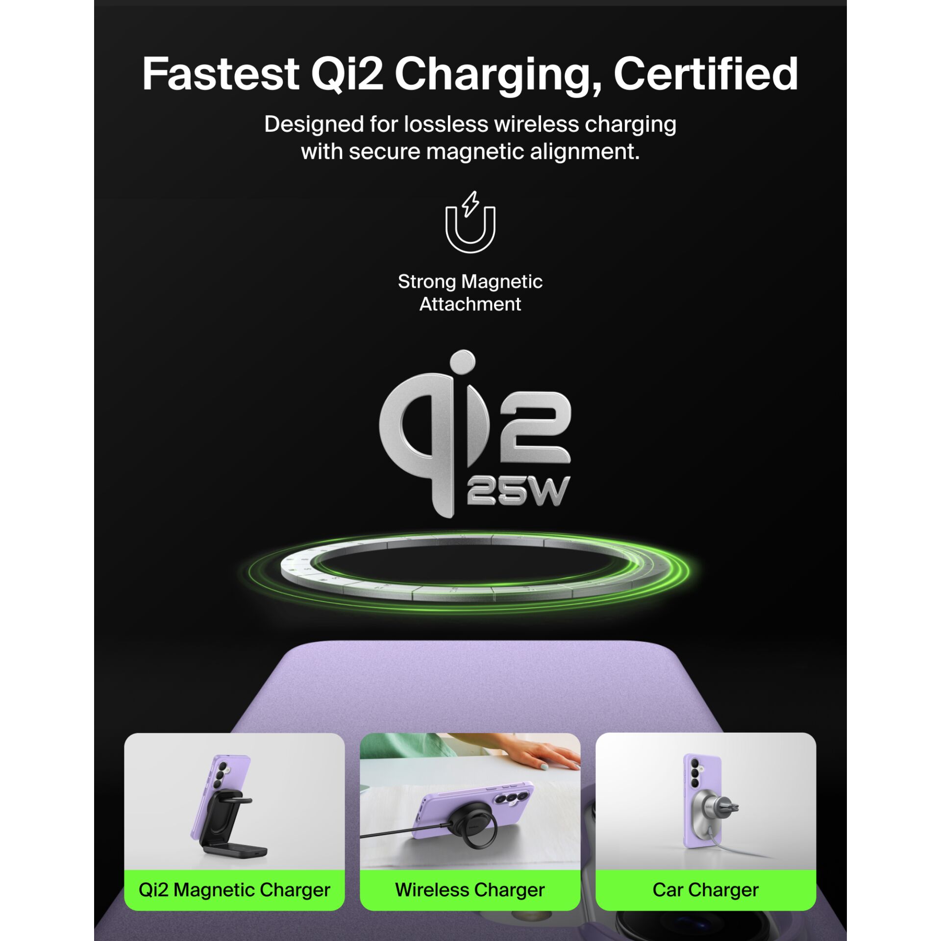 Qi2 charger, Magnetic charger, Wireless charger, Car charger, Lila/purple device