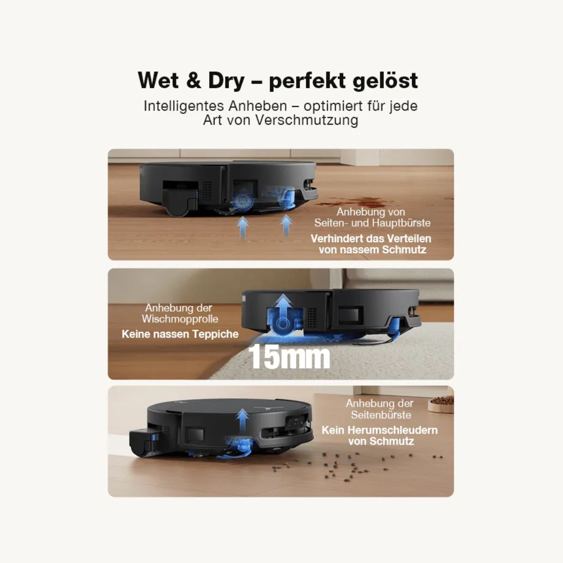 Roboterstaubsauger, Saugroboter, 15mm Spalt, Nass-Trockensauger, Seitfenster Bürste