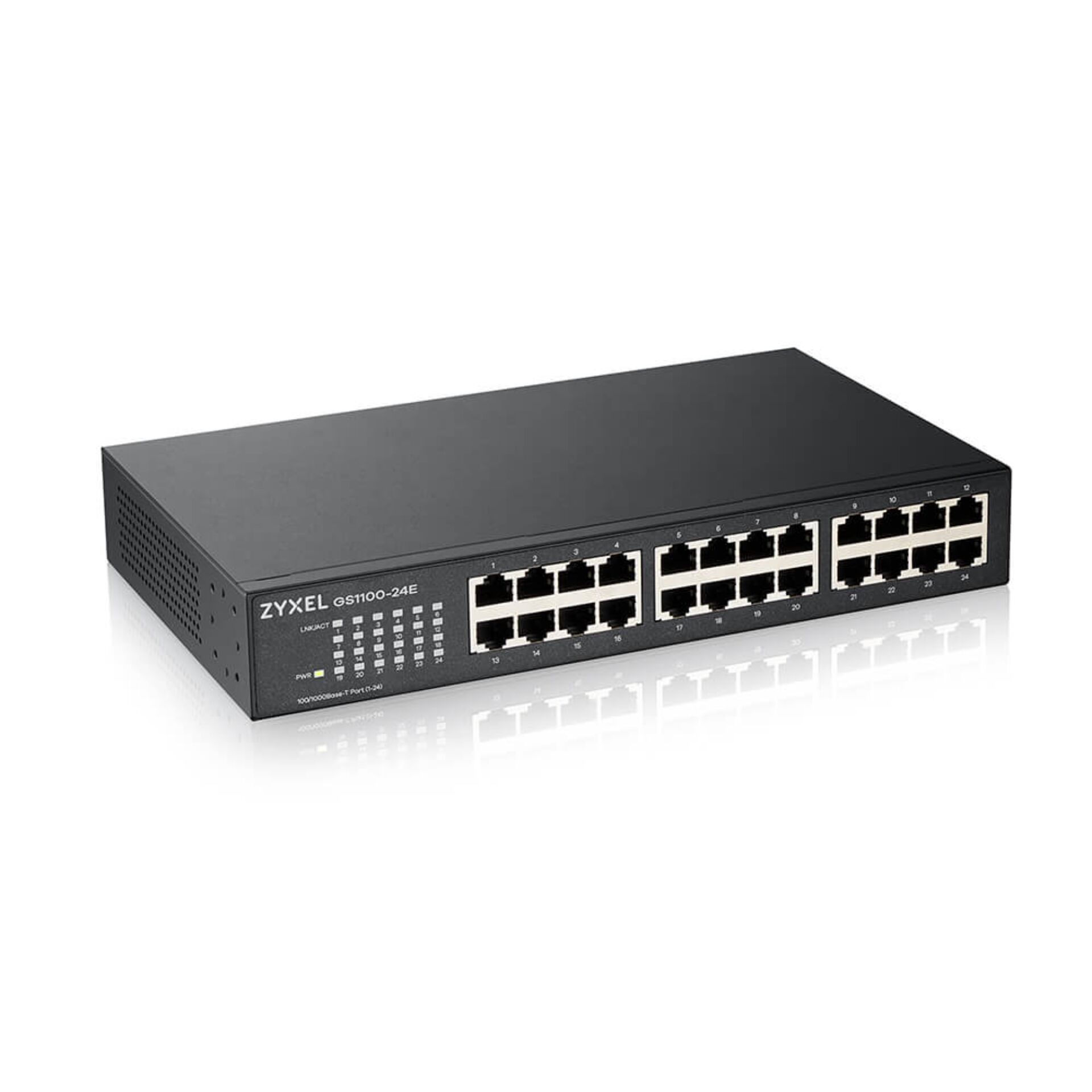 Netzwerk-Switch, 24 Ethernet-Ports, schwarzes Gehäuse, Metallgehäuse, LED-Anzeigen