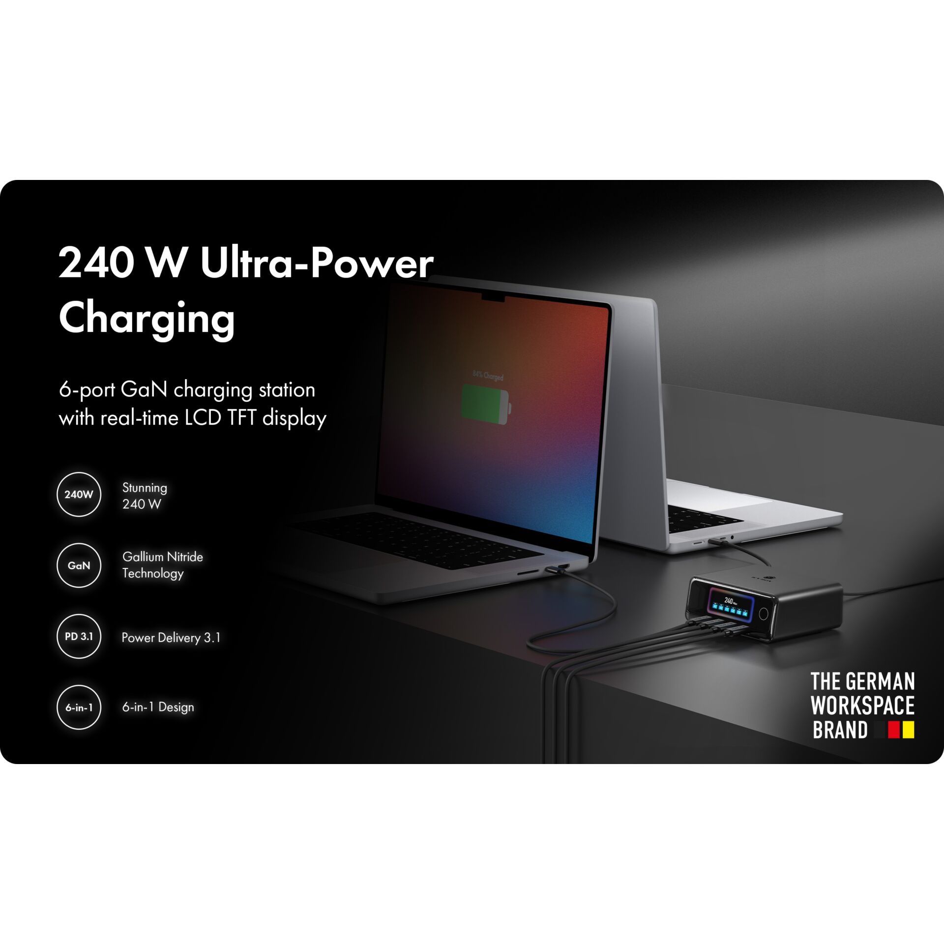 240 W, GaN-Ladestation, Ladecenter, Ladestation, LCD-Display