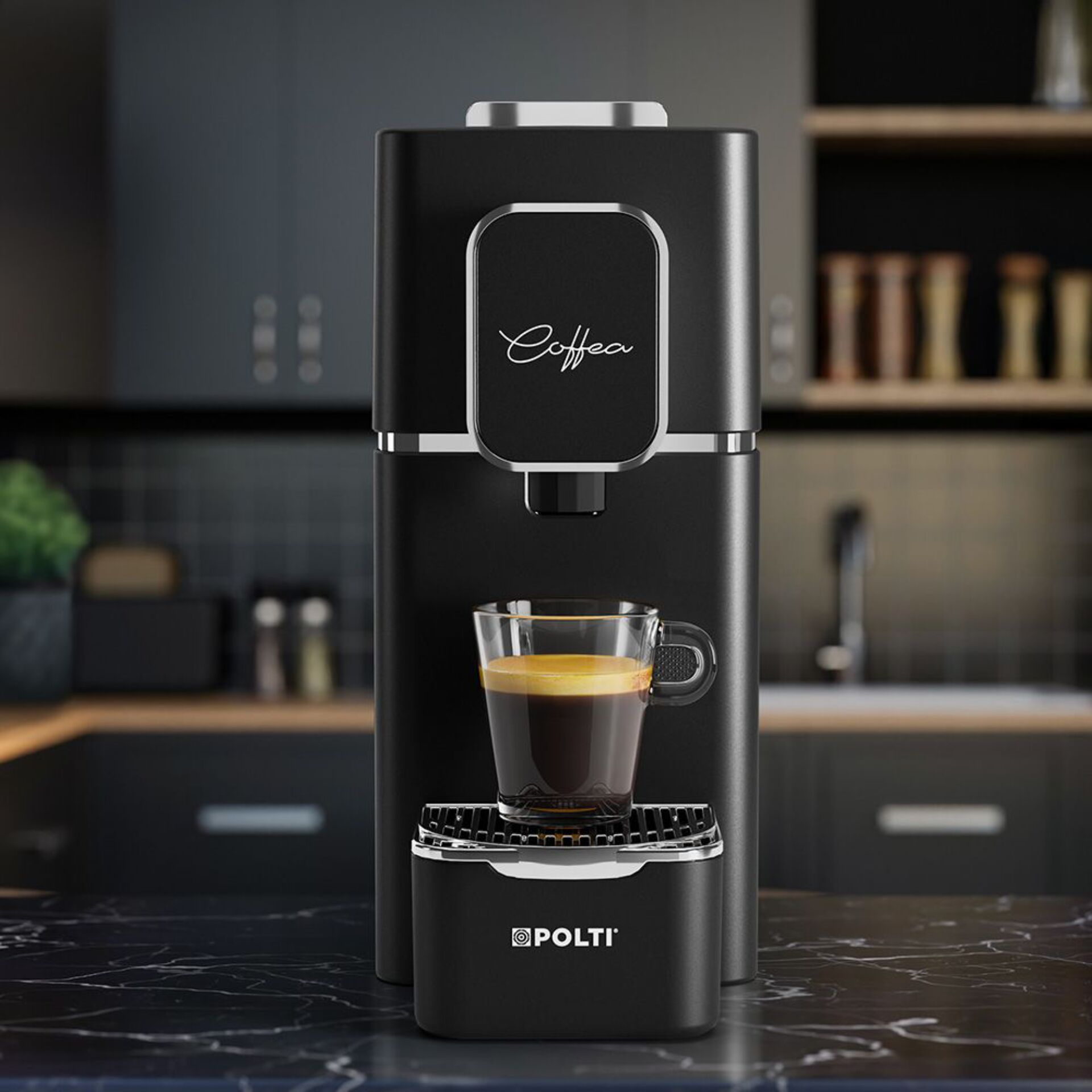 Kaffeemaschine, Espressomaschine, schwarzes Gehäuse, Kapselmaschine, Tropfschale