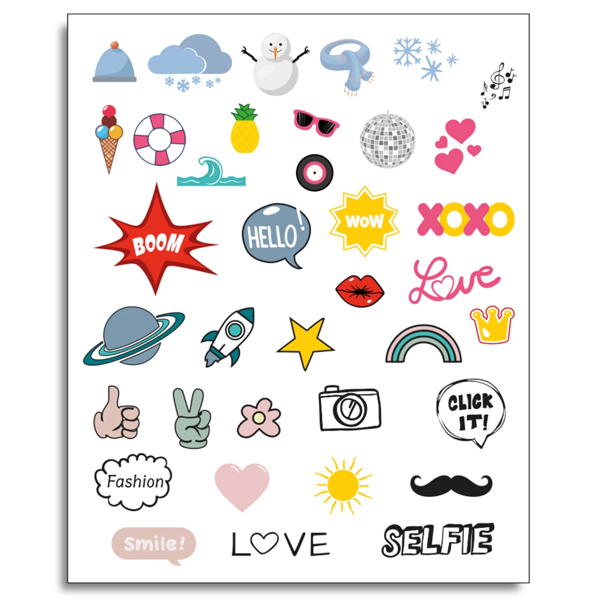 stickers, patches, dots, icons, words