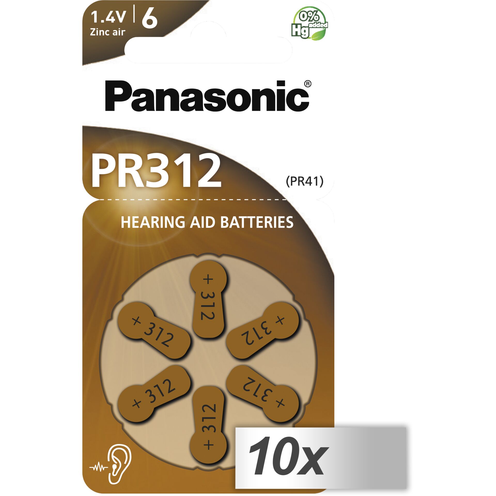 10x1 Panasonic PR 312 Hörgeräte  Zellen Zinc Air 6er Rad