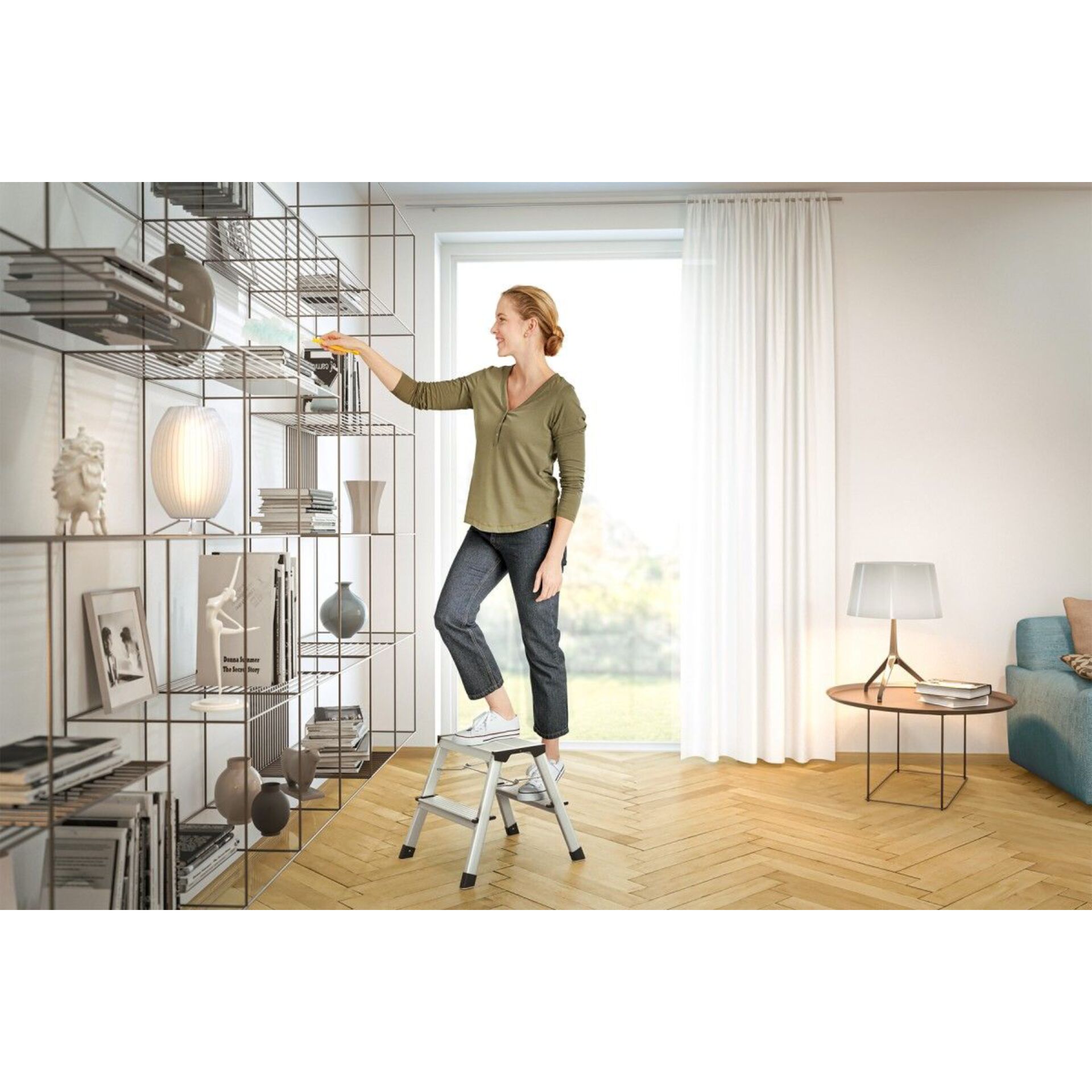 stepladder, steigleiter, wohnzimmer, regal, deko-gegenstände