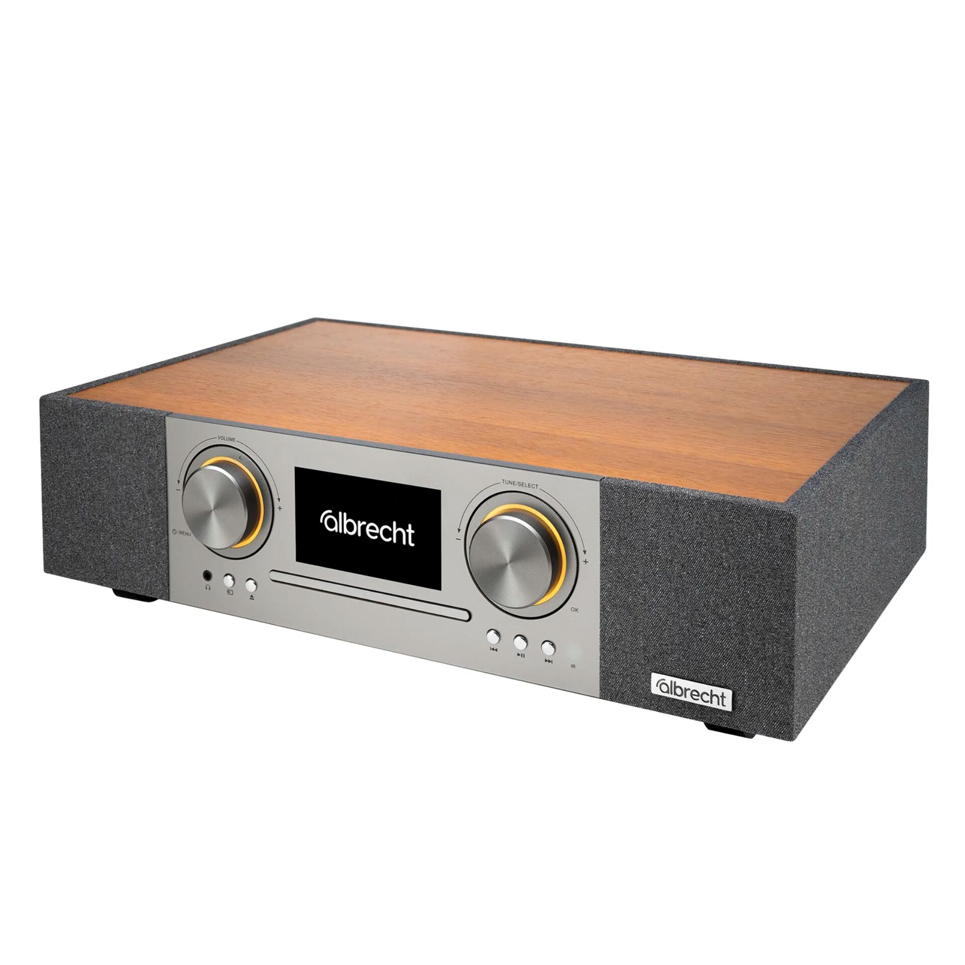 HiFi-Verstärker, Röhrenlook, Holzoberfläche, Metallfront, Klarlack/Aluminium