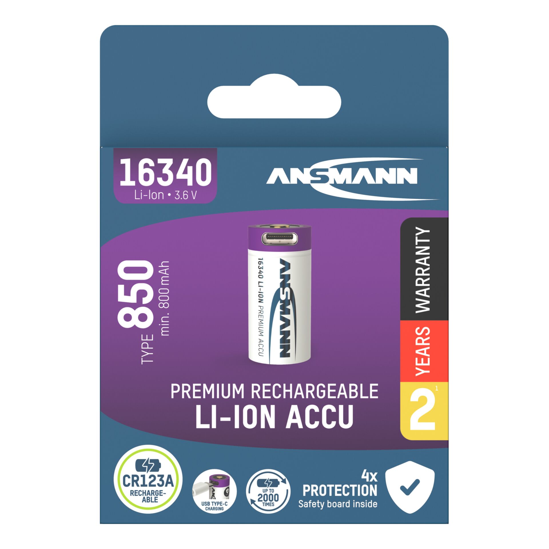 Ansmann 16340 Li-Ion Akku 850mAh  3,6V Micro USB Eingang 1300-0015