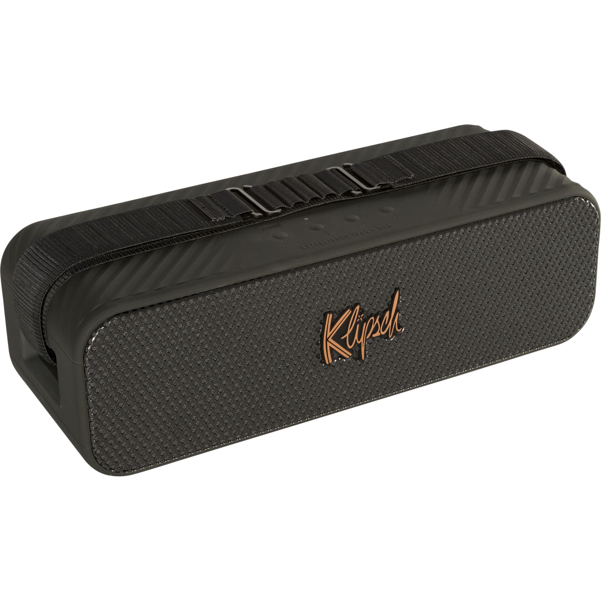 Bluetooth-Lautsprecher, tragbarer Lautsprecher, schwarz, strukturierte Front, Klipsch-Marke sichtbar