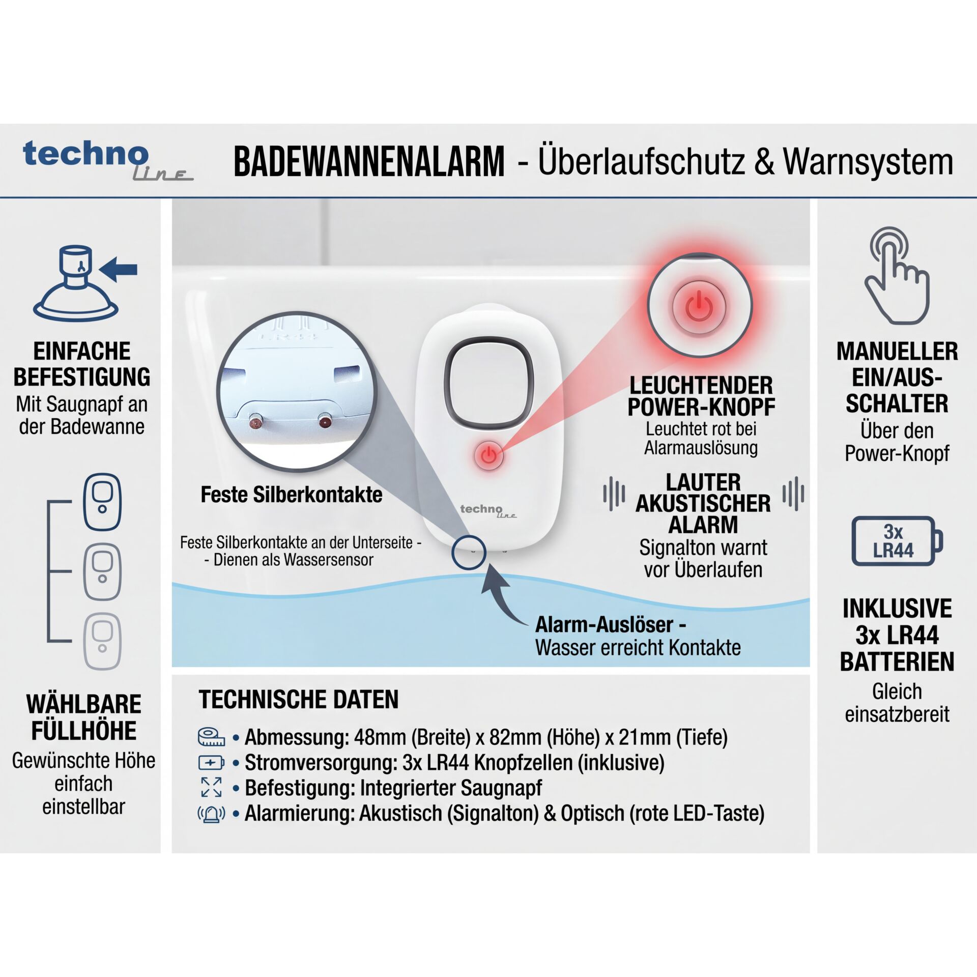 Badewannensystem, Alarmsystem, Powerknopf, LED-Taste, 3x LR44, Wassersensor, Silberkontakte
