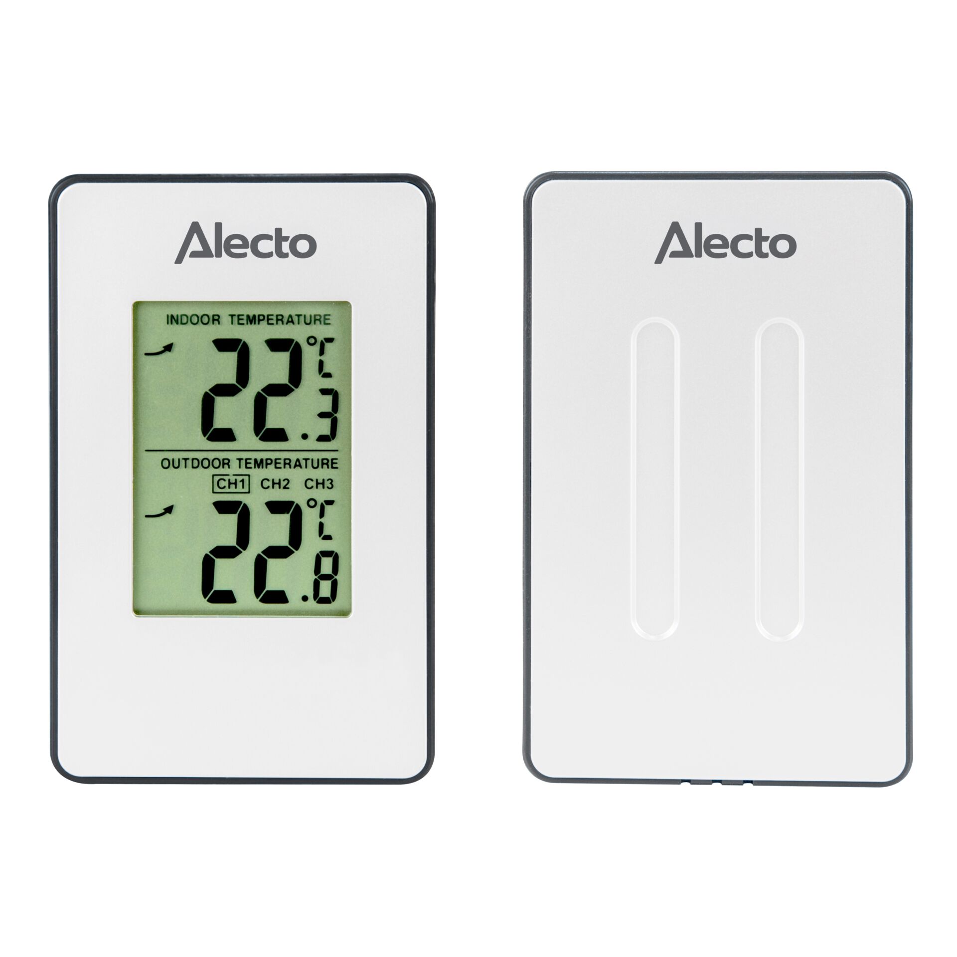 Thermostat, Digital display, Indoor temperature, Outdoor temperature, Alecto