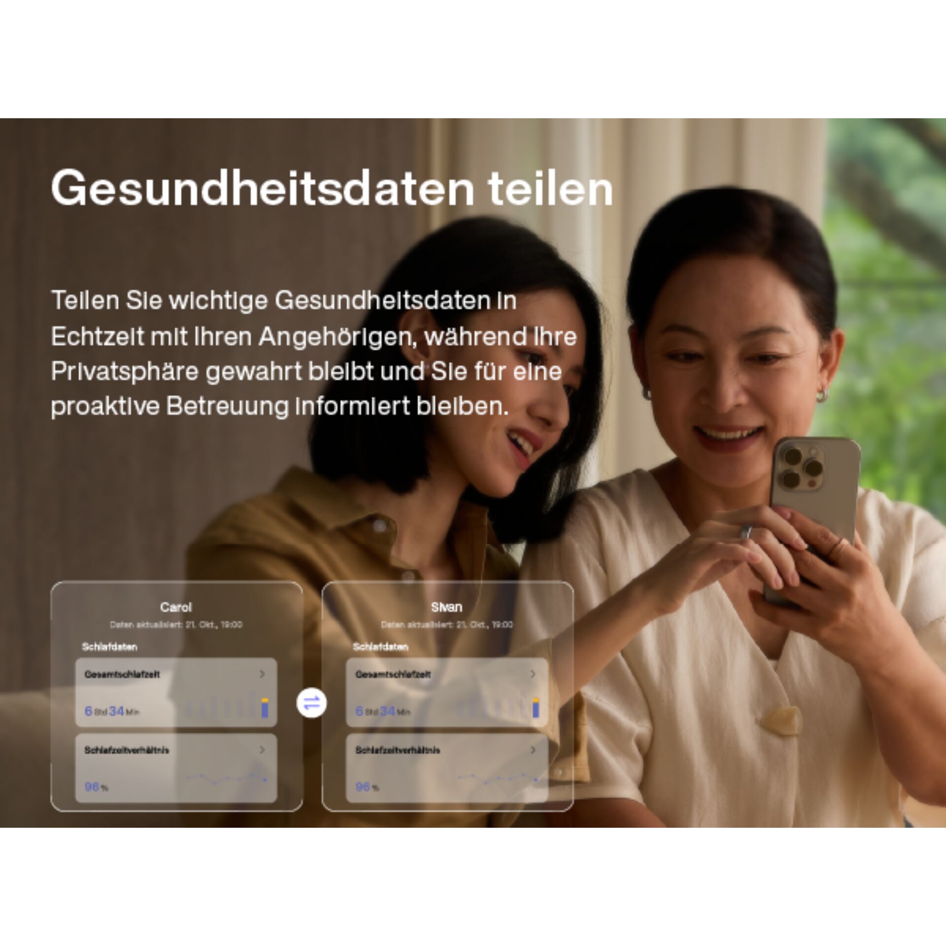 Smartphone, Benutzeroberfläche, Gesundheitsdaten, Zwei Personen, Mobile App