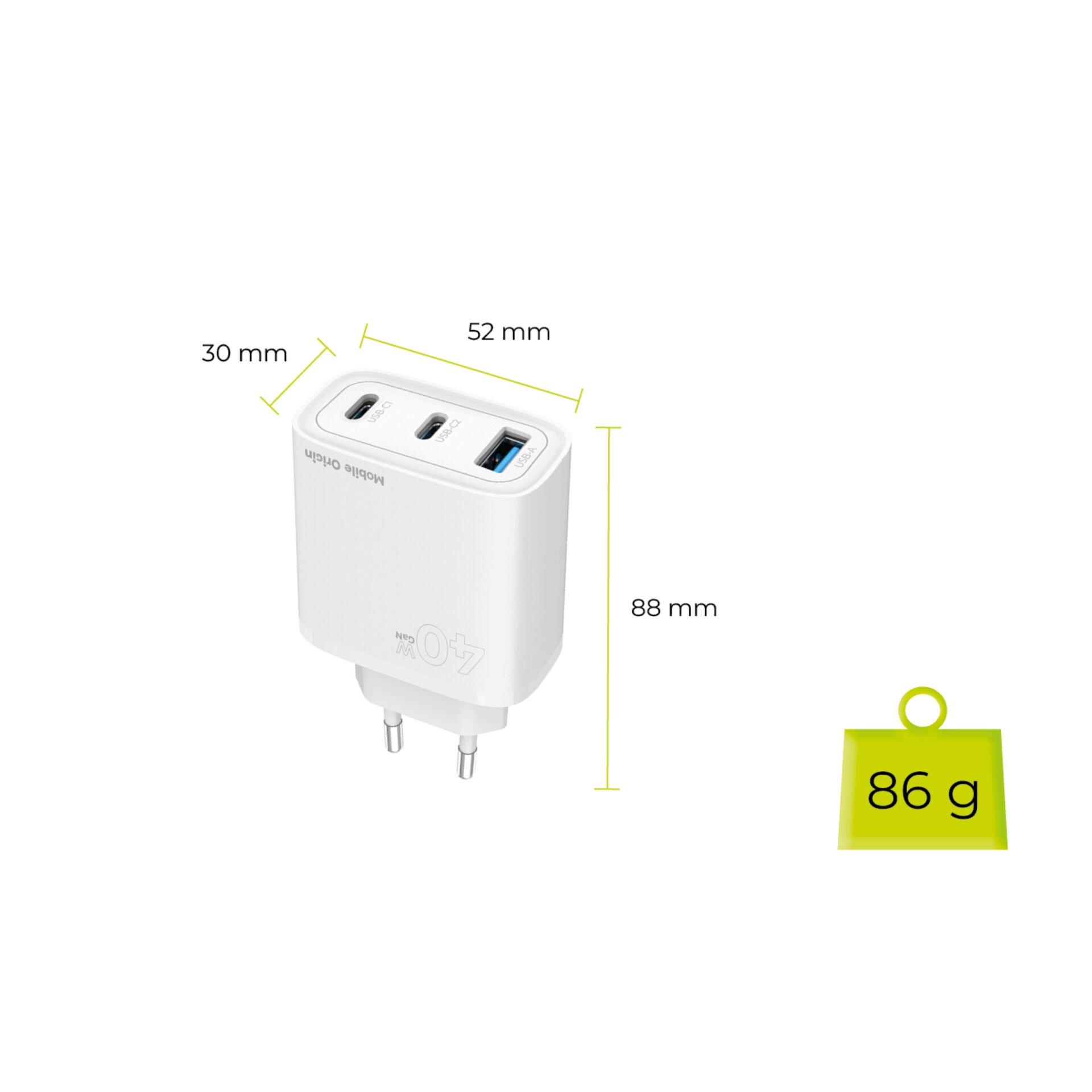 USB-C-Ladegerät, Multiladegerät, Wandstecker, Weißes Gehäuse, 4,0 A