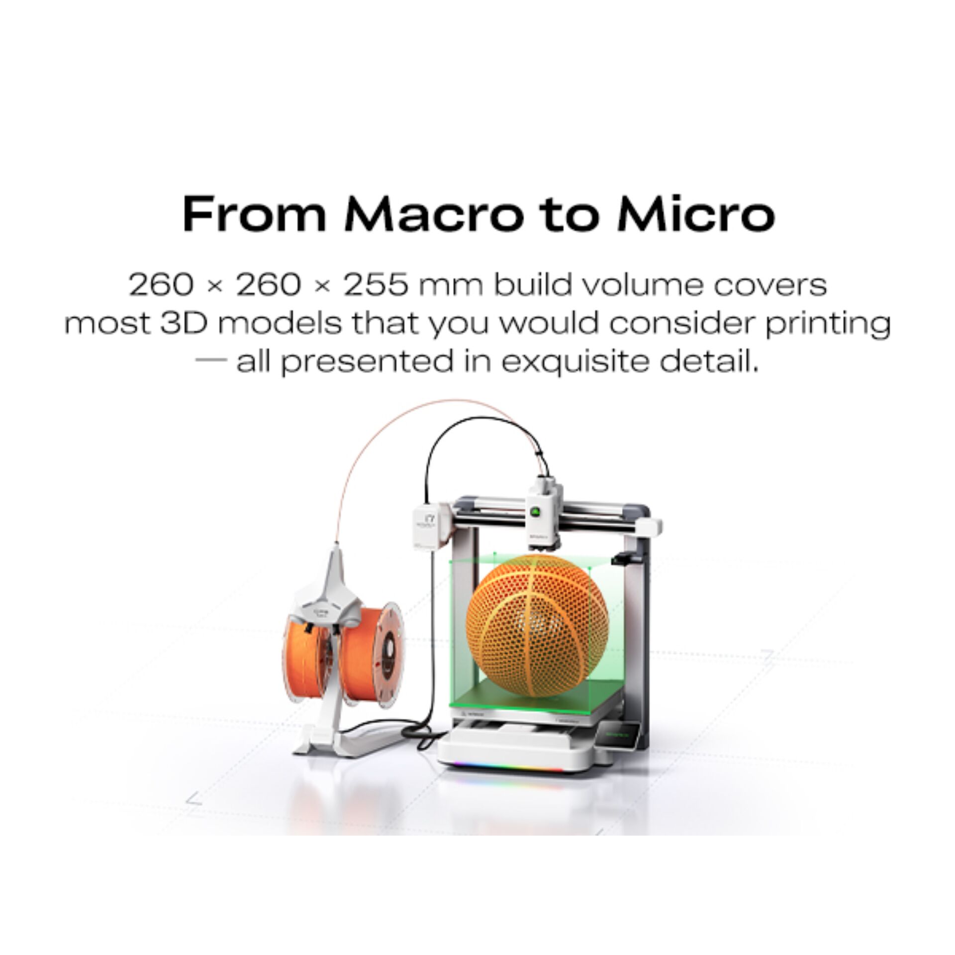 3D-Drucker, Printbett, heizter Bauraum, orangefarbener Spulen, Filamentspule