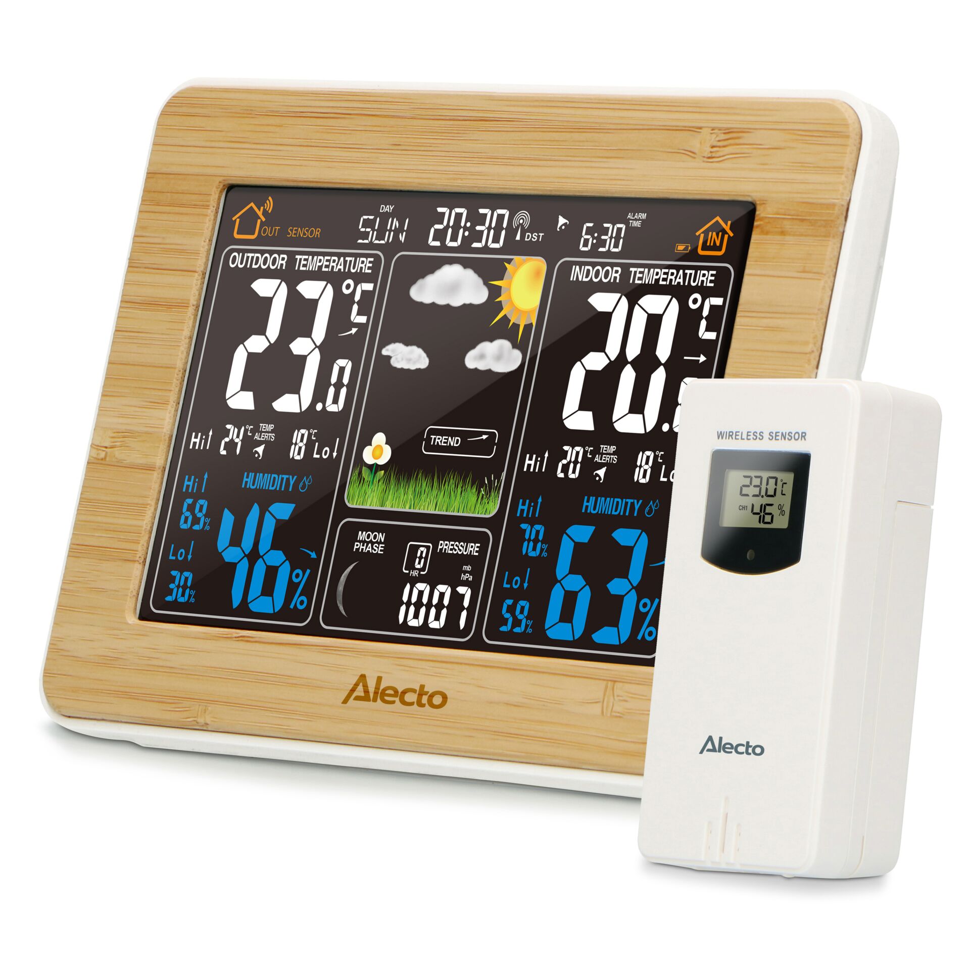 Wetterstation, Wetteranzeige, Digitaluhr, Holzrahmen, Sensoren