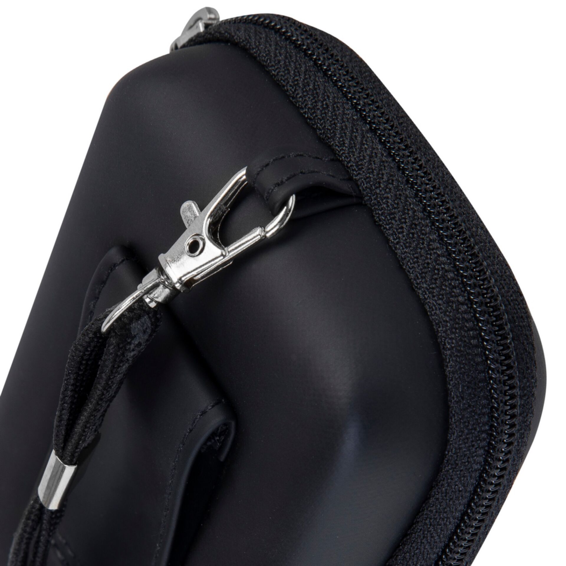 Schwarze Tasche, Reißverschluss, Tragegurt, Karabinerhaken, Gepolstertes Etui