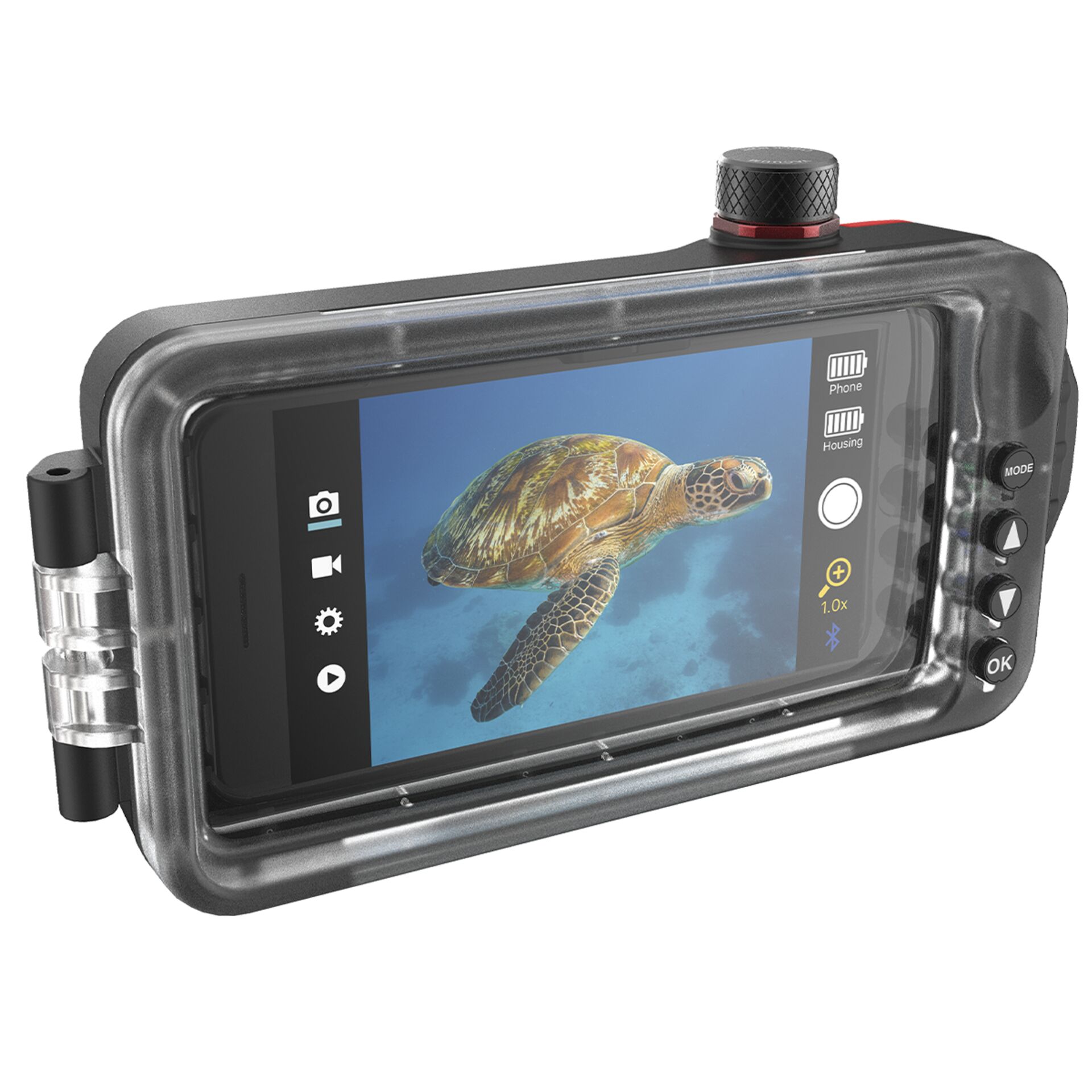 Unterwasser-Kamera, wasserdichte Hülle, Schildpadnenbild, Bildschirmanzeige, Steuerknöpfe