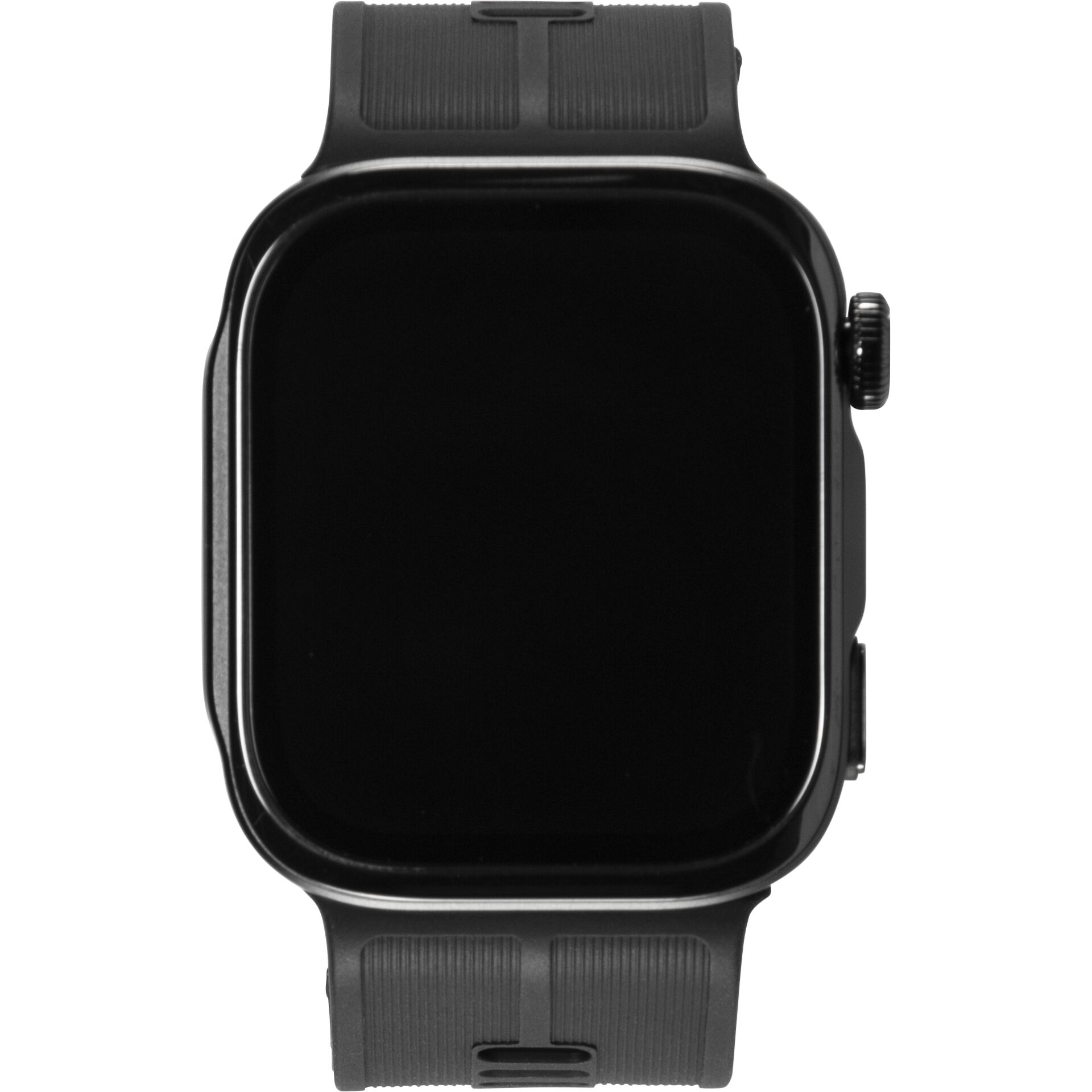 Smartwatch, schwarzes Gehäuse, Silikonarmband, Touchscreen, rechteckiges Display