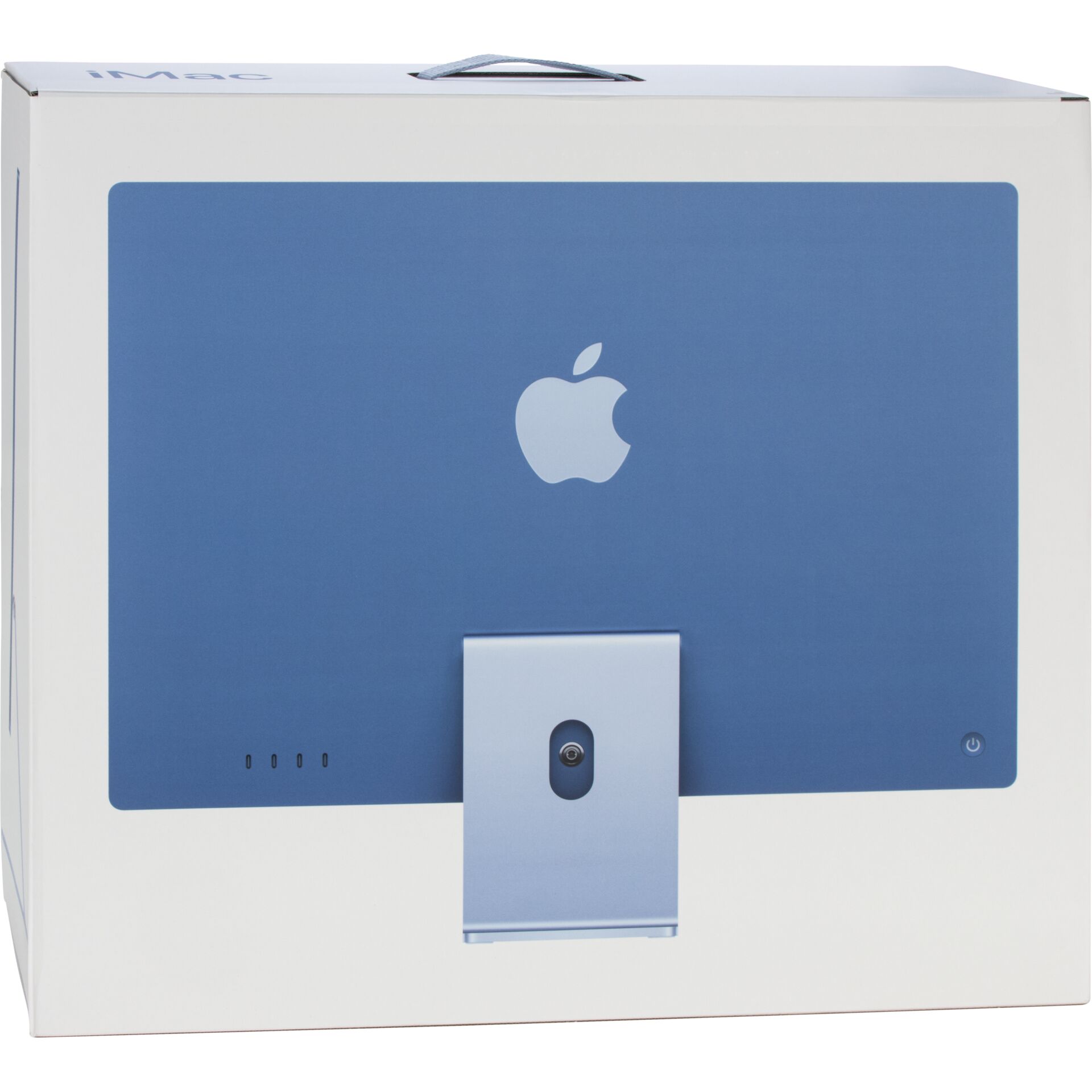 tech packaging, bluish monitor, apple logo, camera stand, box packaging