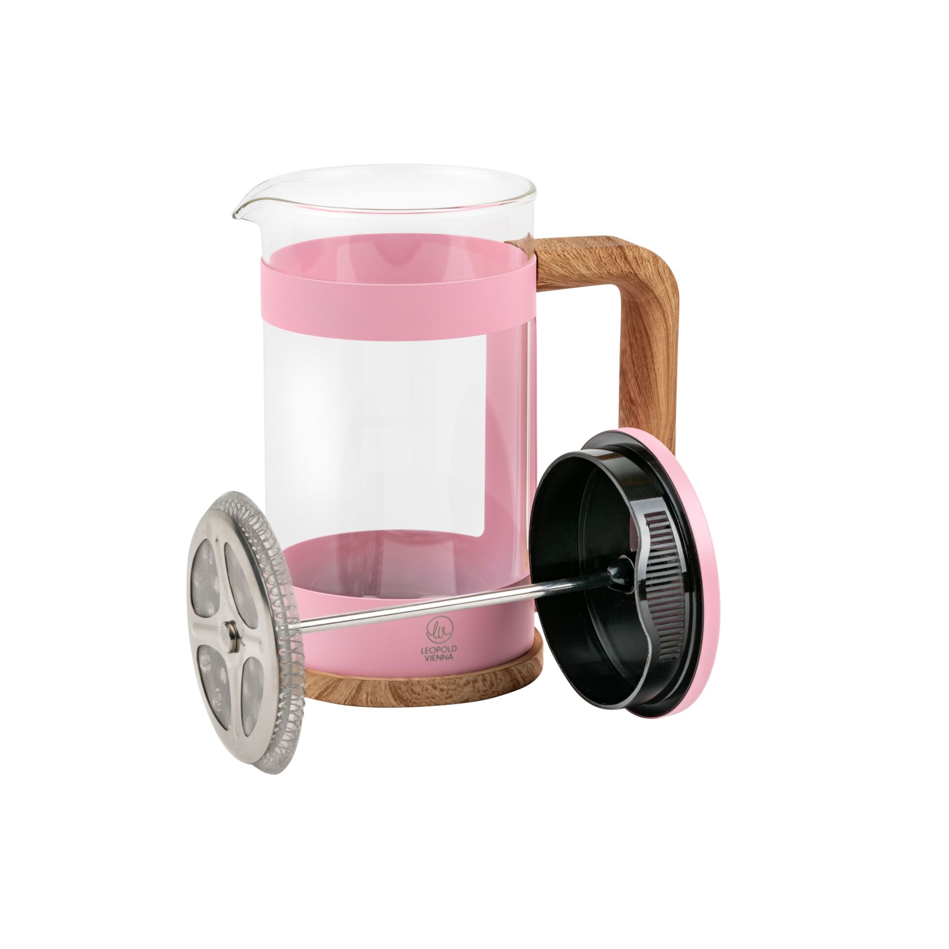 French press, Glasbehälter, Rosa, Holzgriff, Zubehör-Set