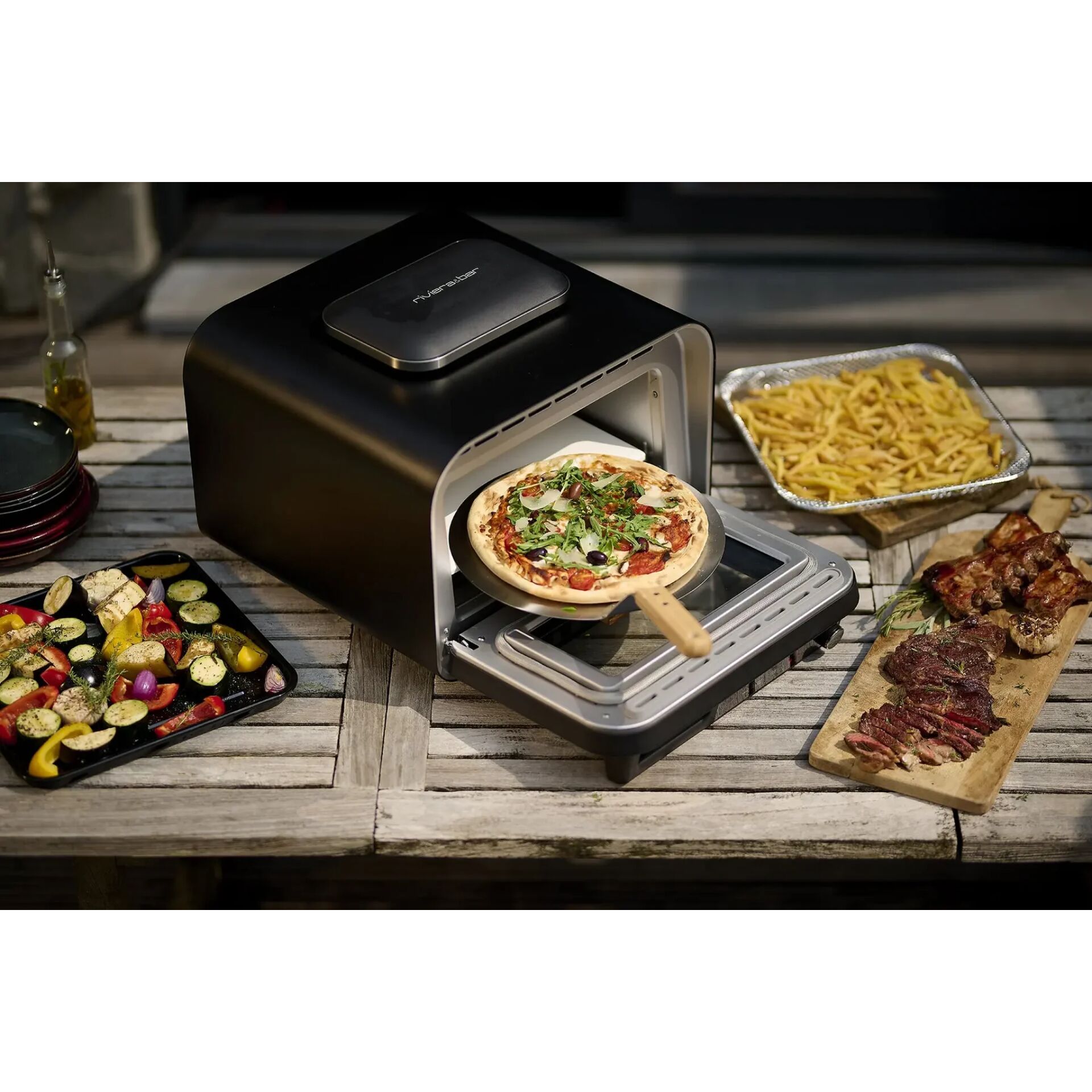 Pizza, Mini-Ofen, Grill, Pommes, Steak