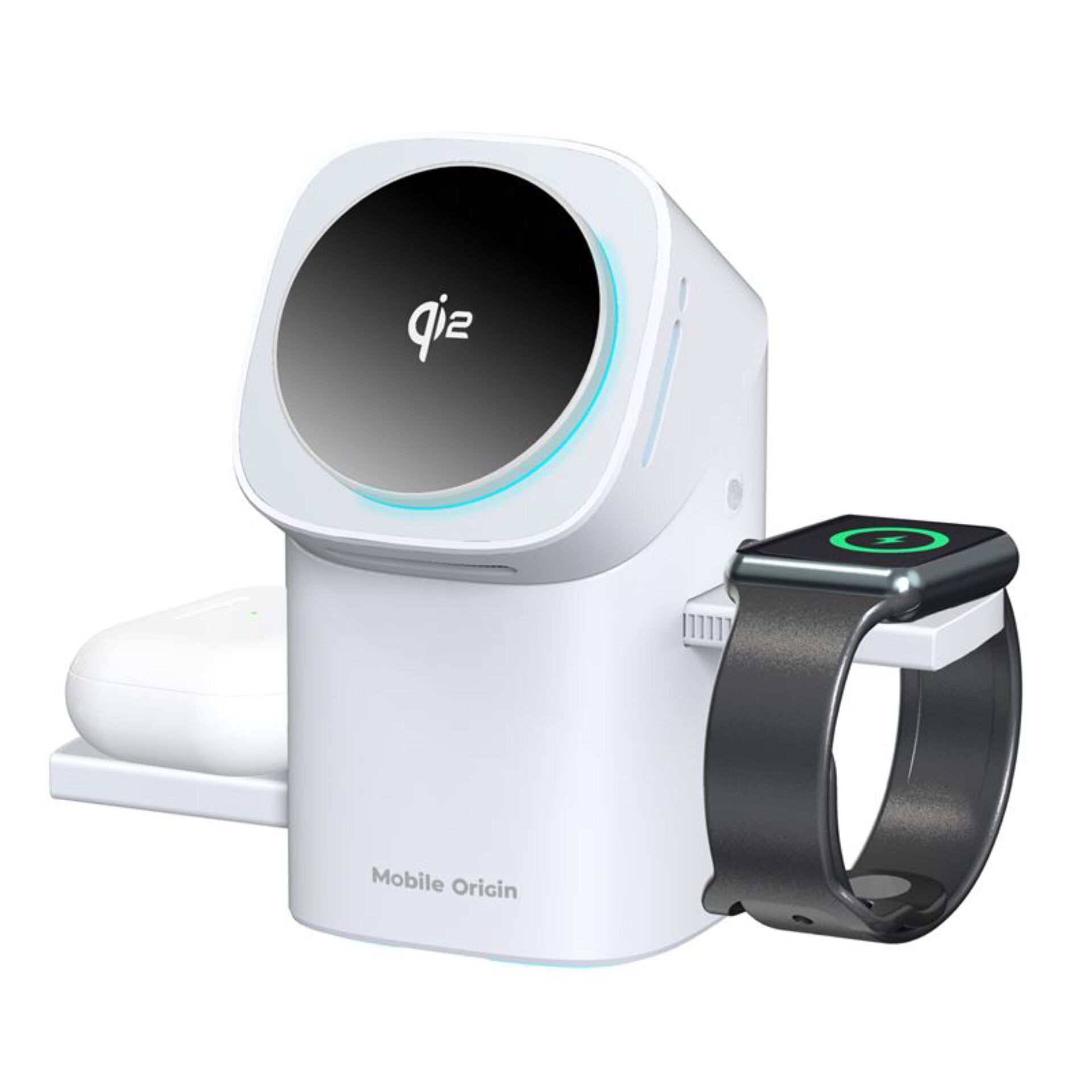 portables Puls-Oximeter, Smartwatch-kompatibel, Weißes Gerät, Android iOS kompatibel, qi2 Branding sichtbar