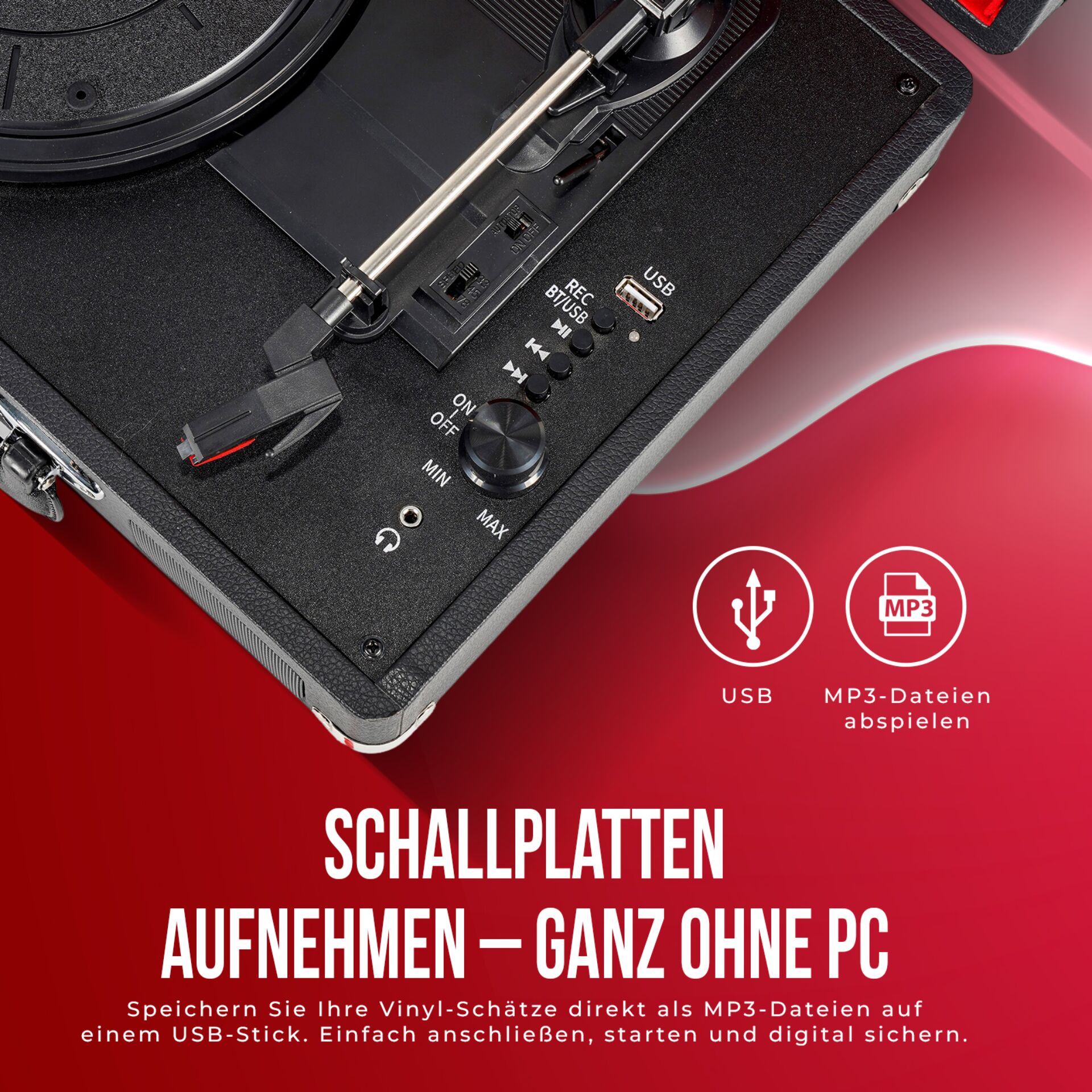 Plattenspieler, USB-Anschluss, MP3-Aufnahme, Schwarzes Gehäuse, Vinyl-Digitalisierung