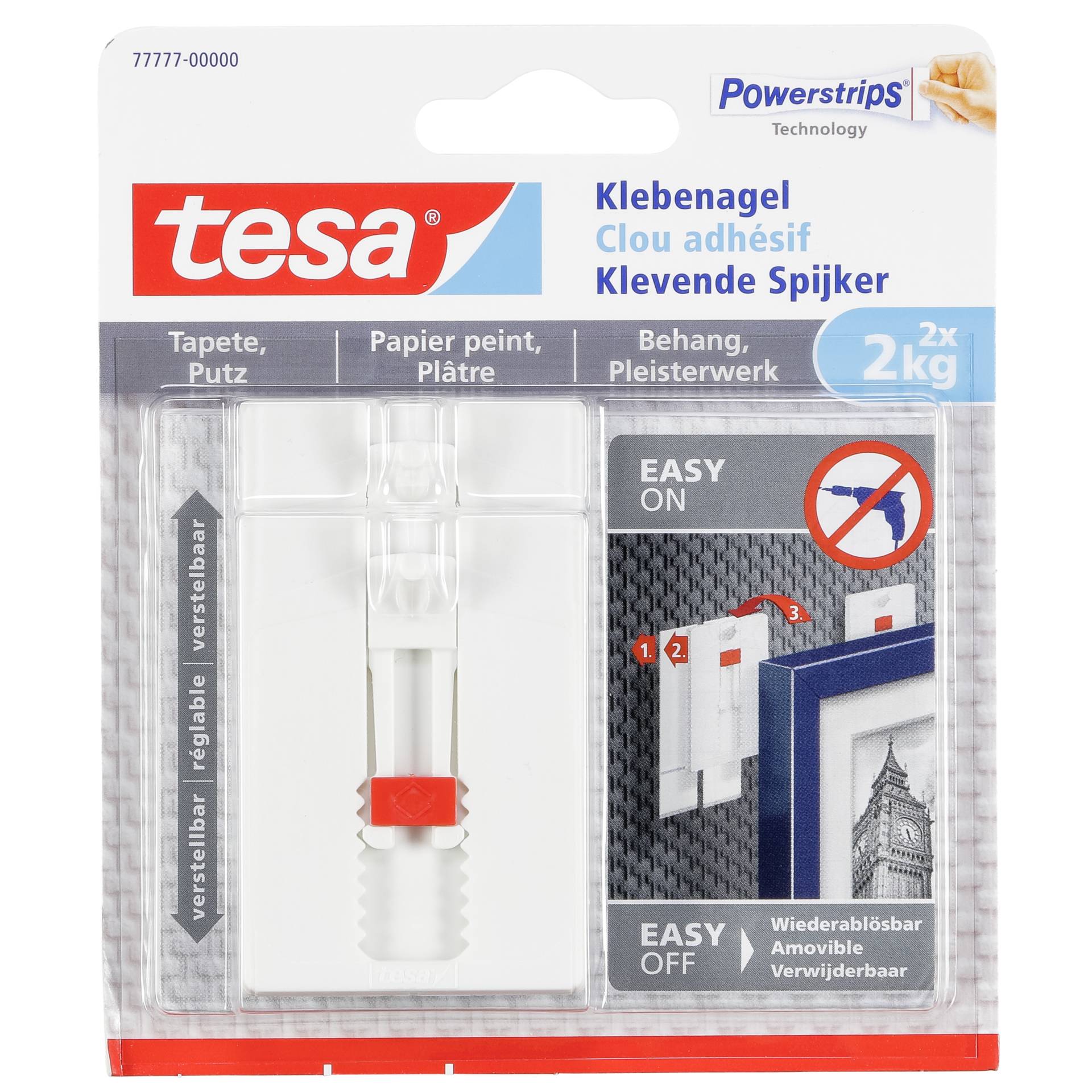 1x2 Tesa Verstellbarer Klebe-  nagel für Tapeten und Putz 2 kg