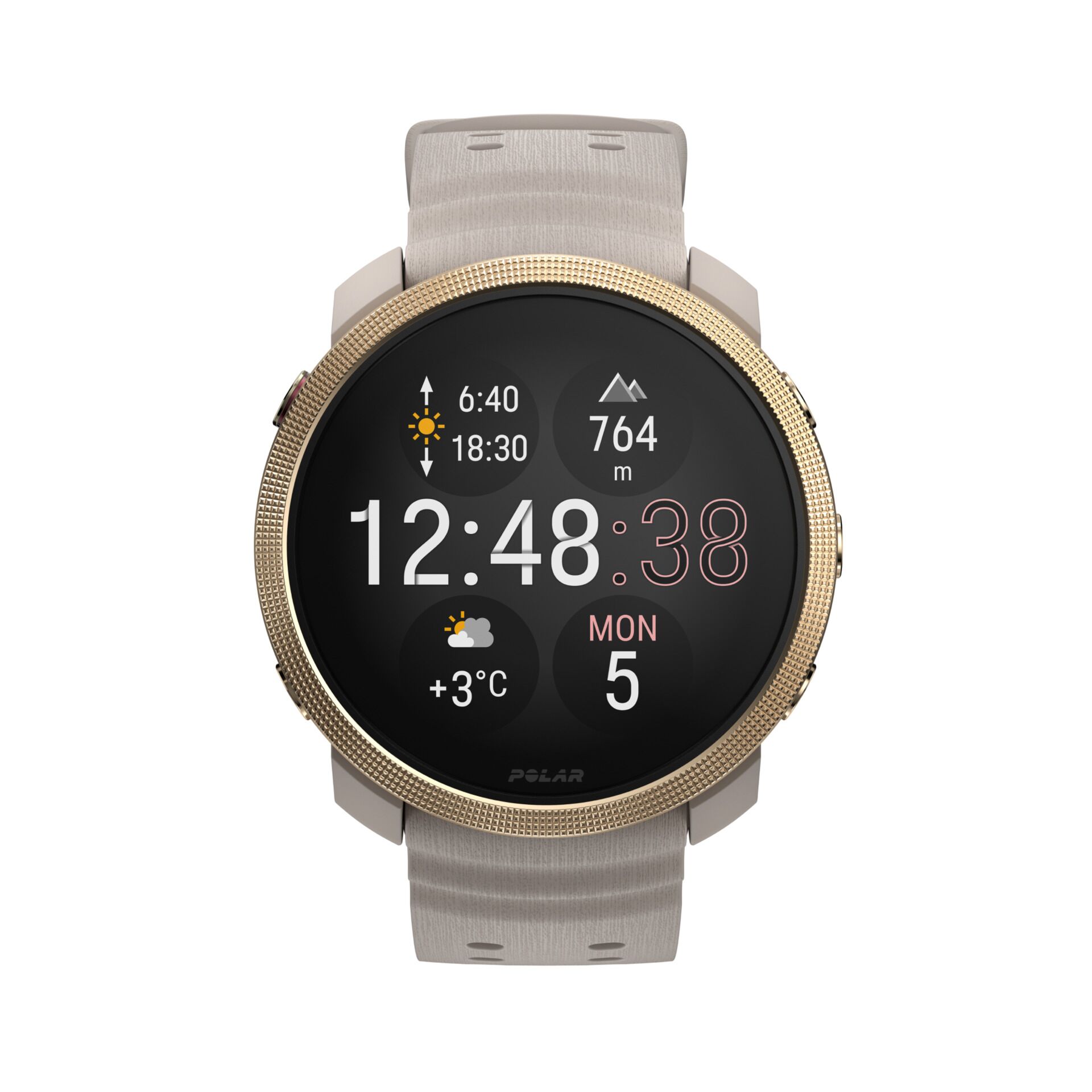 Smartwatch, Digitaldisplay, Goldener Rand, Lederarmband, Runder Gesichtsbereich