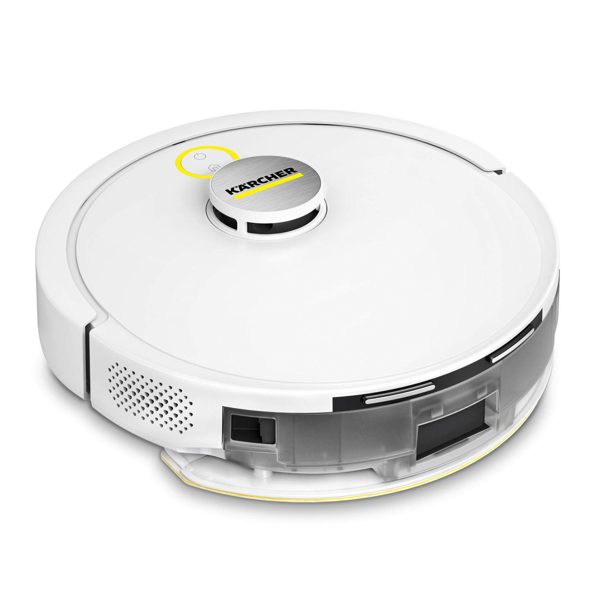 Roboterstaubsauger, weißer, runde Form, Kärcher, Staubsaugerroboter, Saugroboter, Roboterstaubsauger, weiße Farbe, Glatte Oberfläche, Ladestation nicht sichtbar