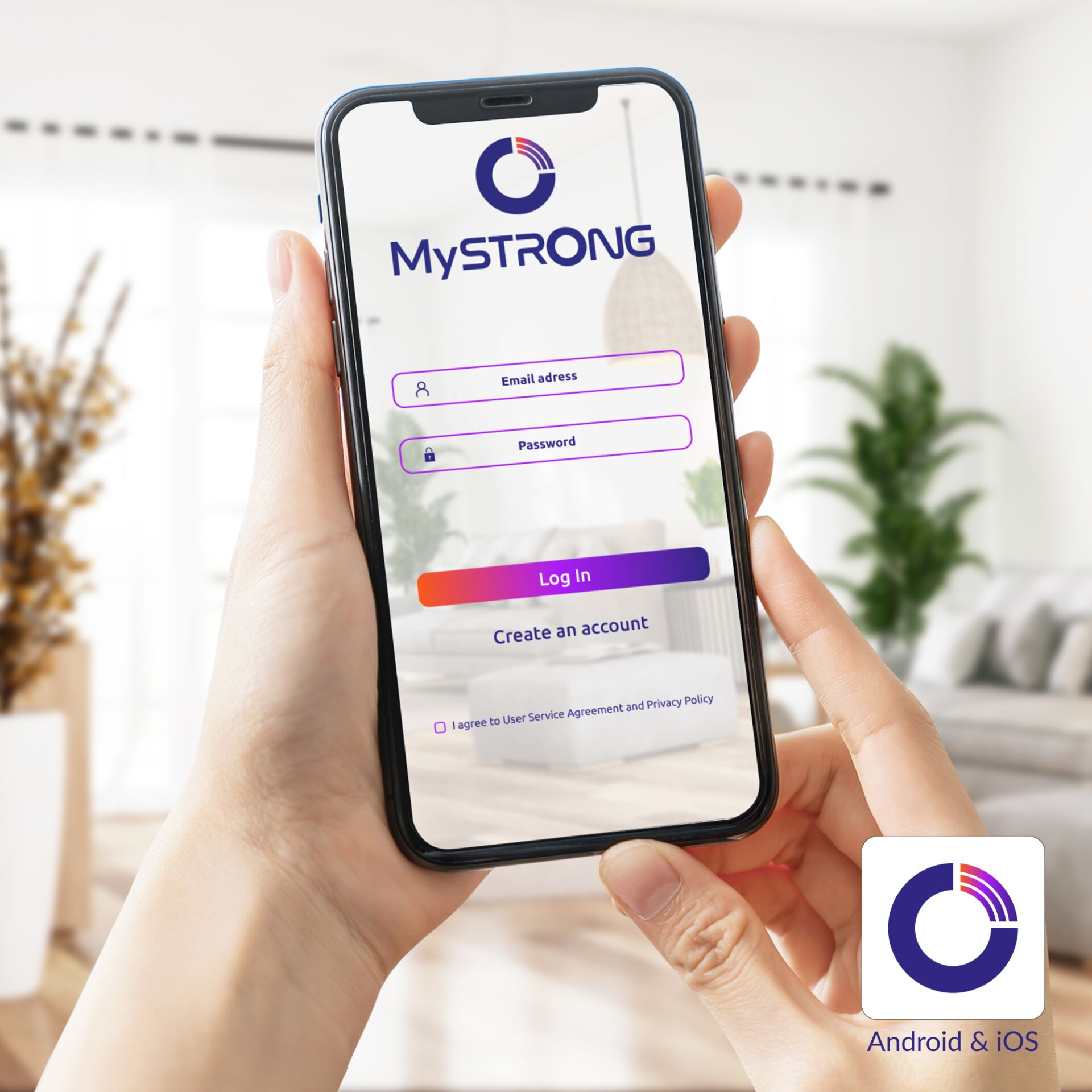 Smartphone App, Login Screen, MySTRONG, Android iOS, Mobile Interface