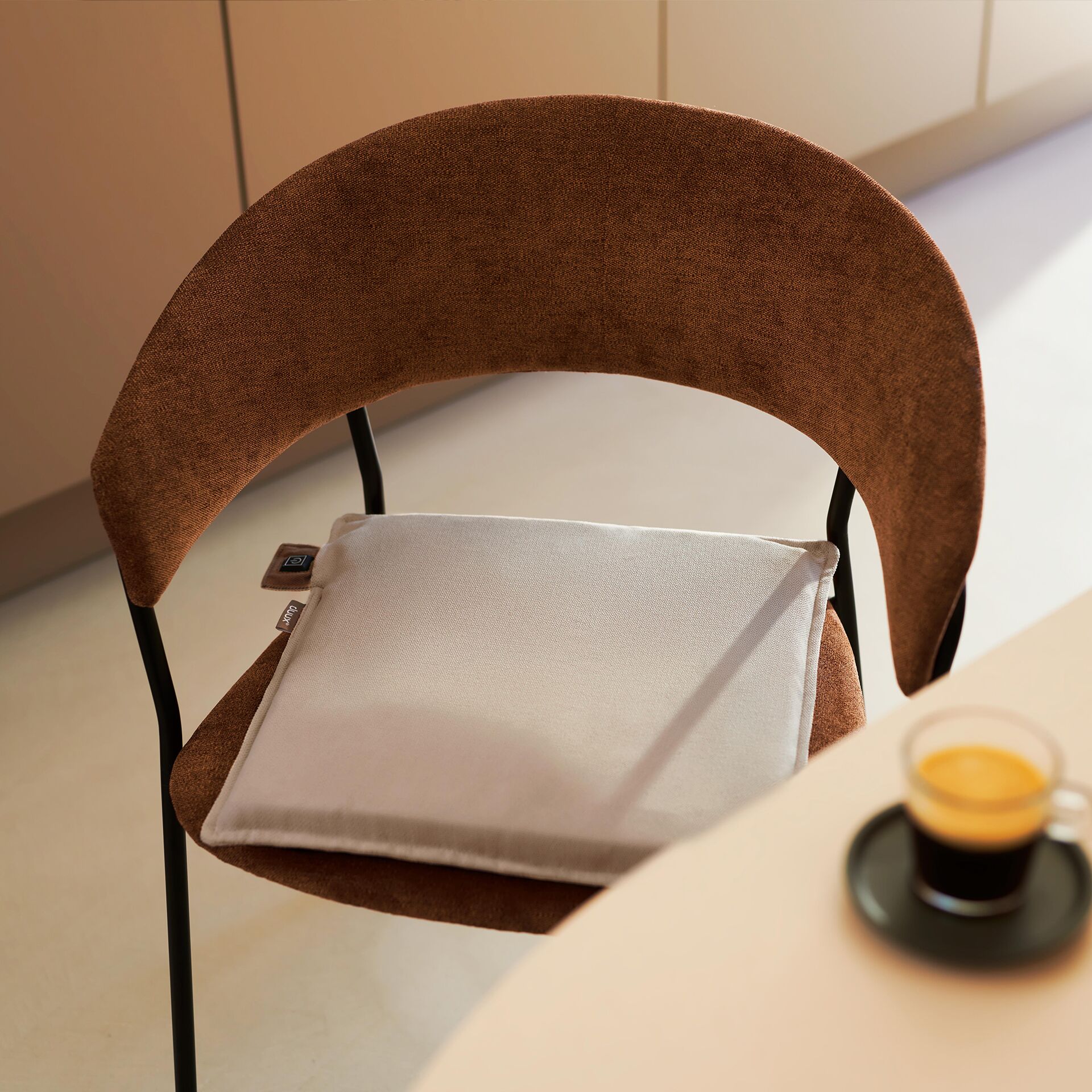 stuhl, stuhlbezug, braun, stoff, kissen