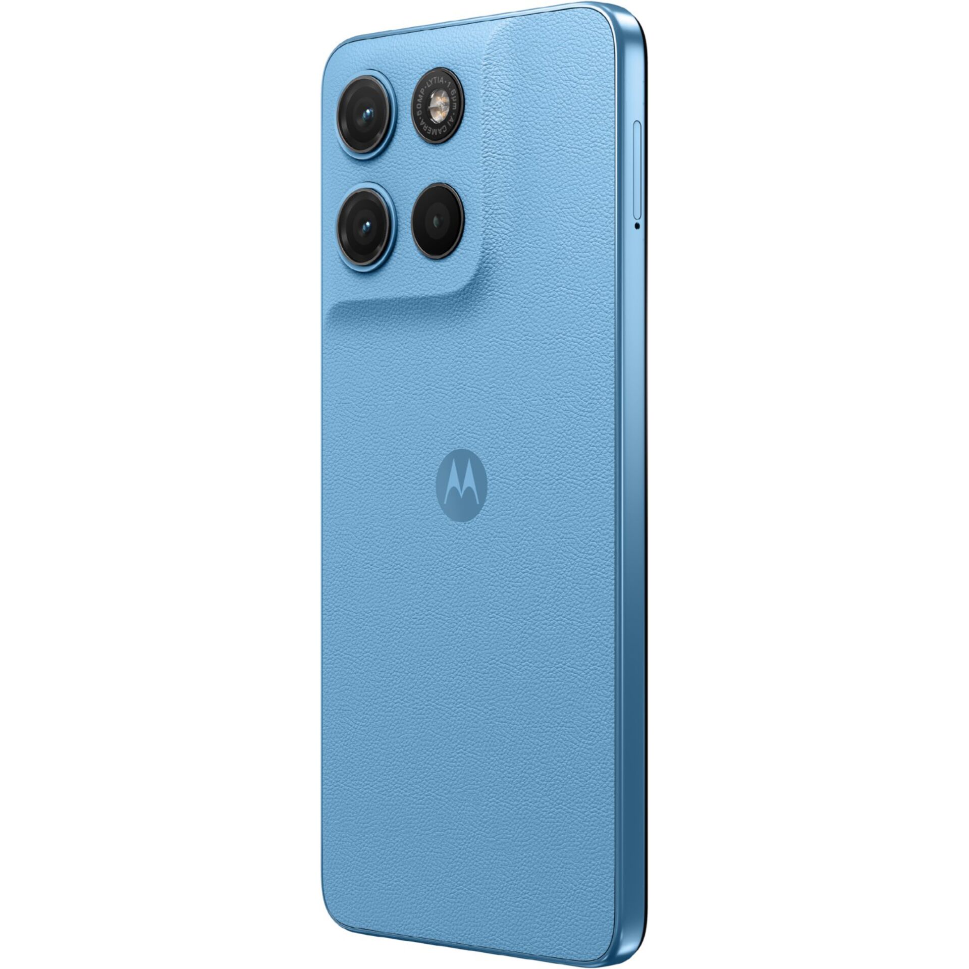 Smartphone, Dreifachkamera, Blau, Ledertextur, Motorola-Logo