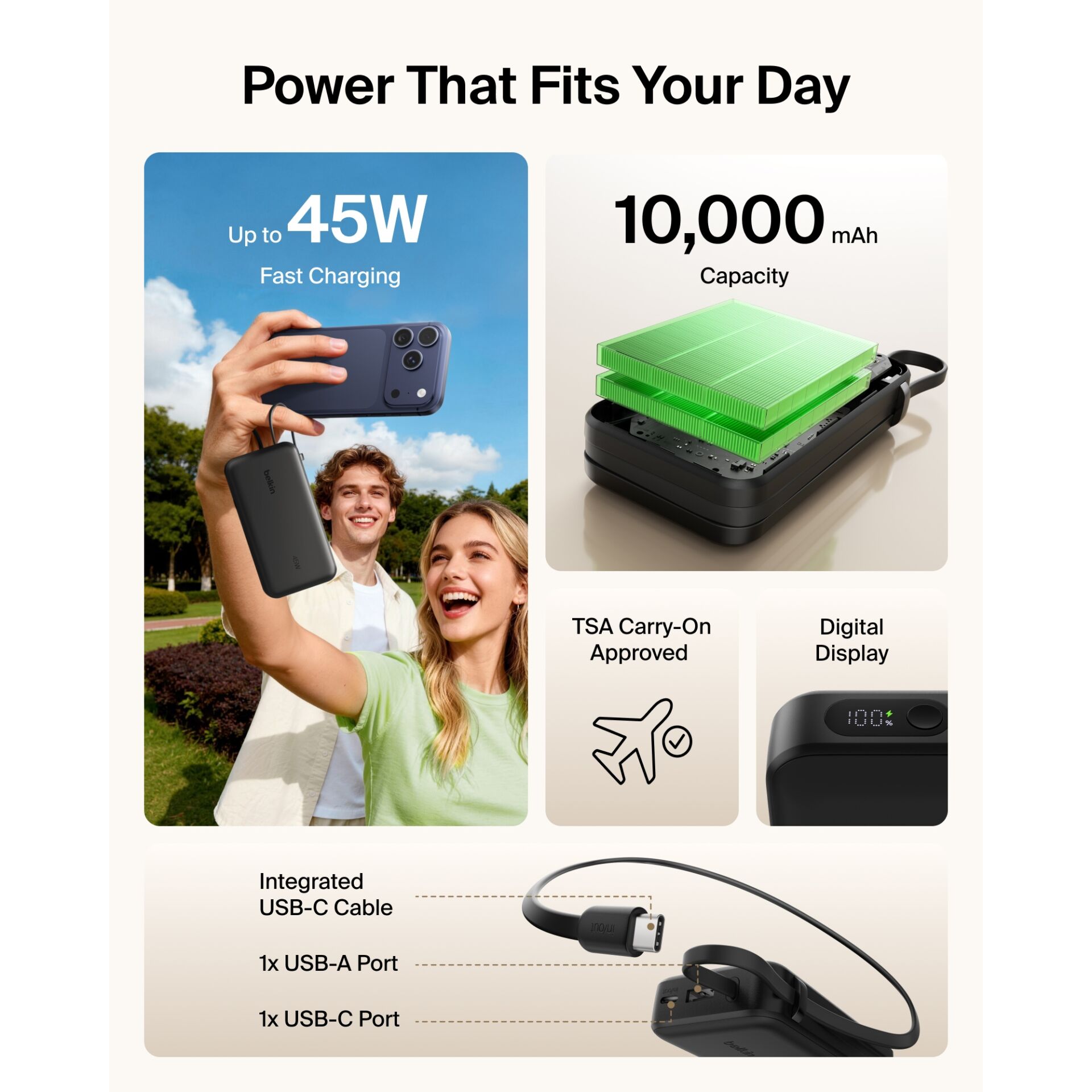Powerbank, Schnellladung, 10.000 mAh, USB-C, Kabel