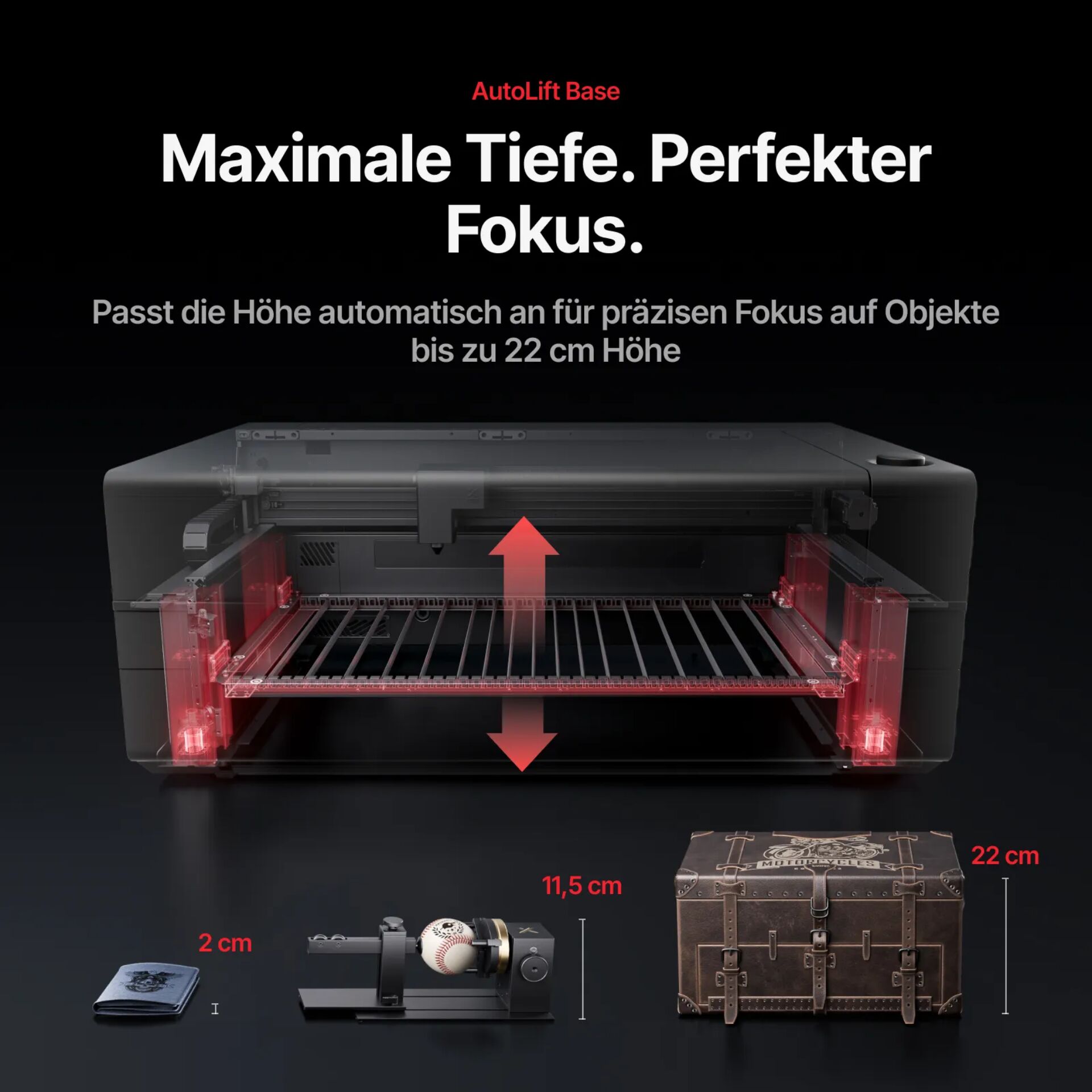 3D-Drucker, Lasergravur, AutoLift-Basis, 22 cm Höhe, Ausstattungs-Tray
