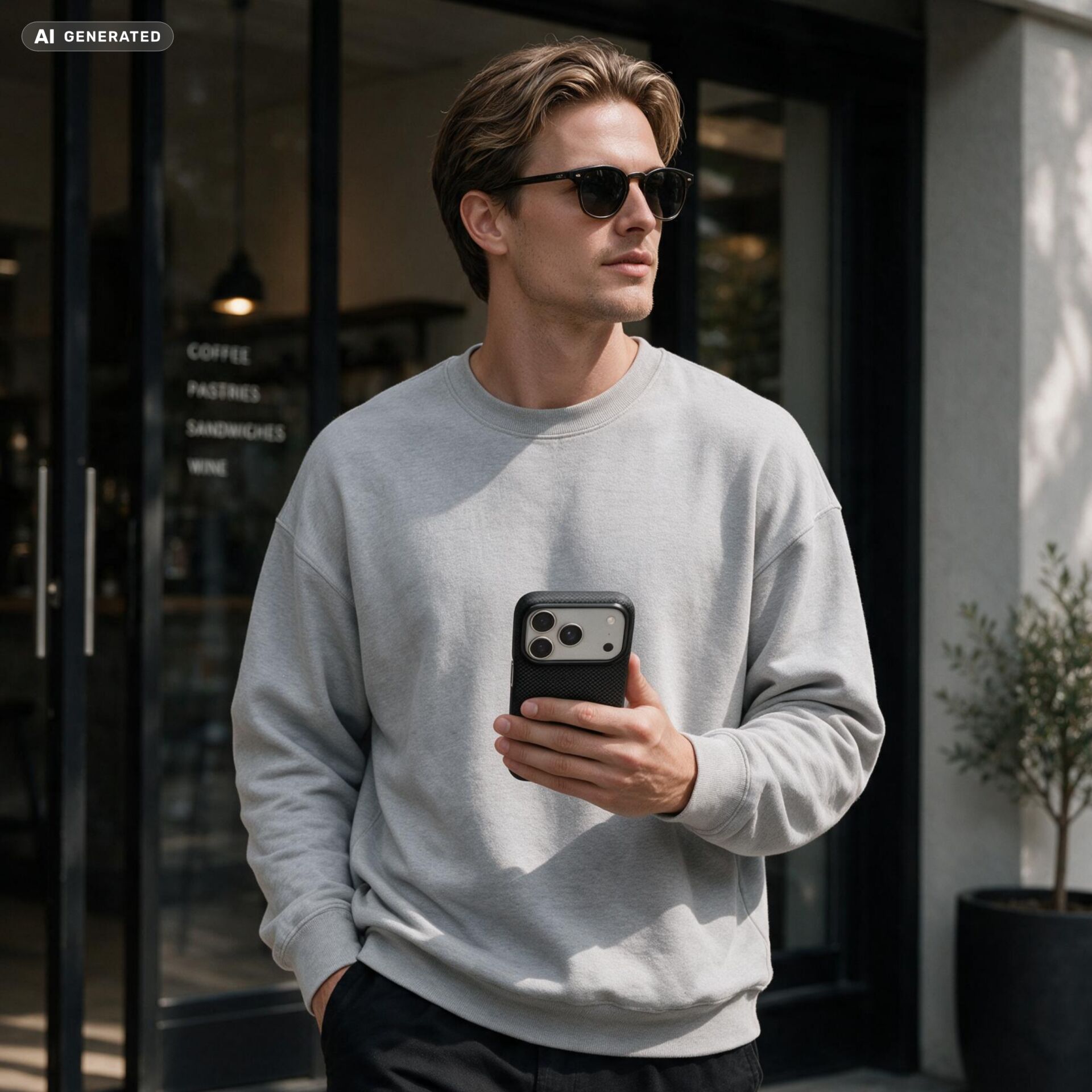Sweatshirt, Crewneck, Grau, Langarm, Telefonhülle