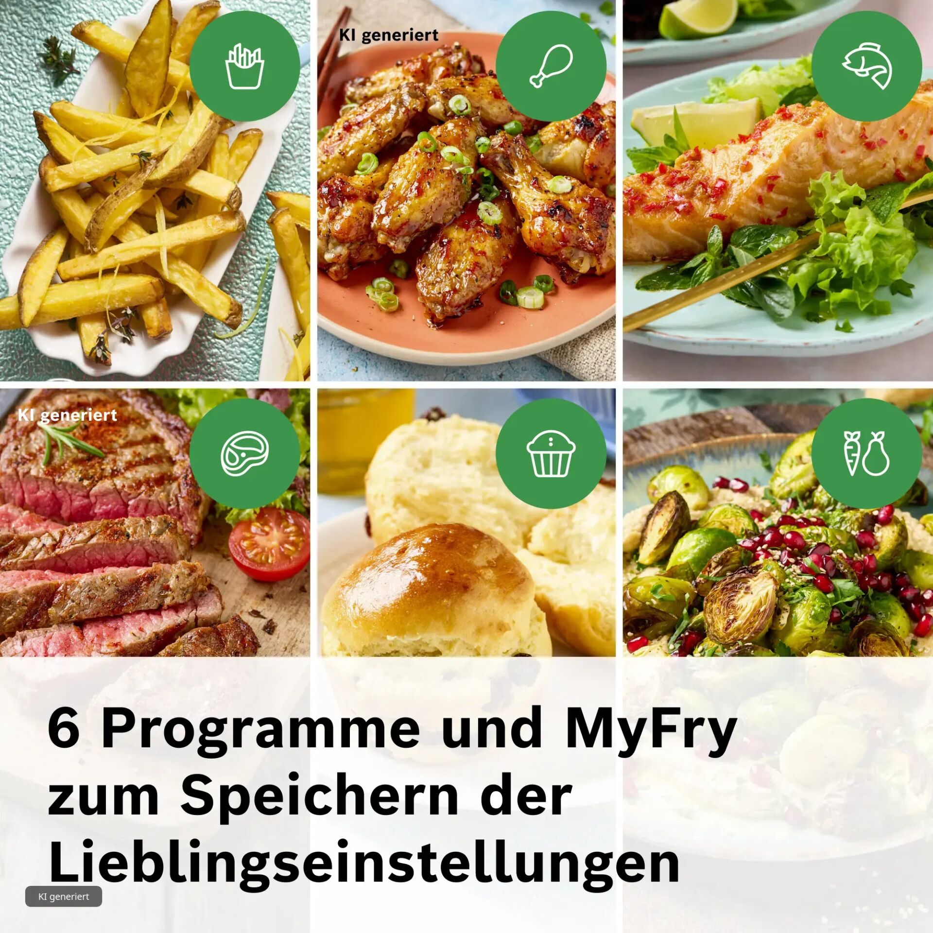 Pommes frites, Hähnchenflügel, Steak, Brötchen, Salat