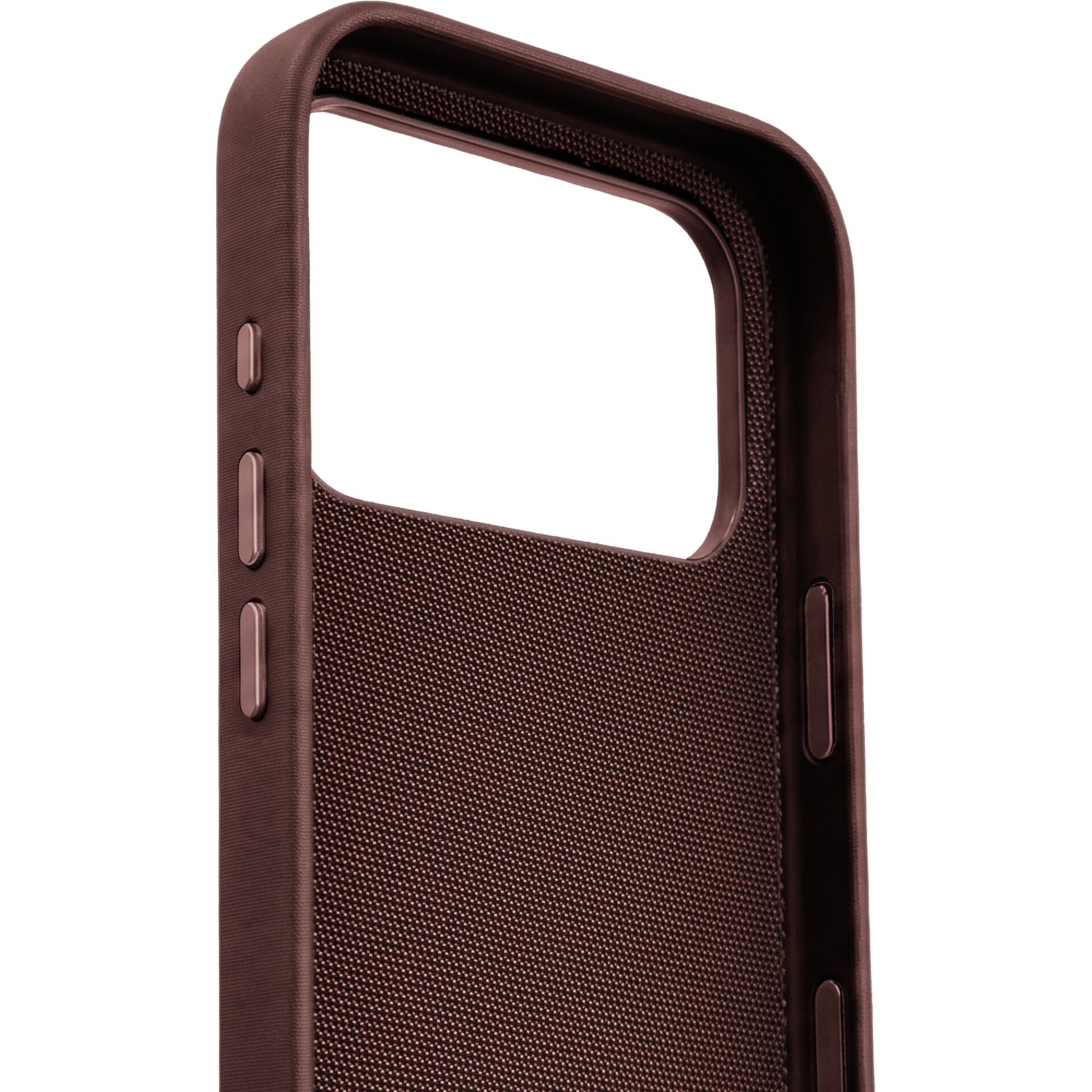 Phone case, Folded stand, Magnetic frame, Fabric texture, Burgundy color