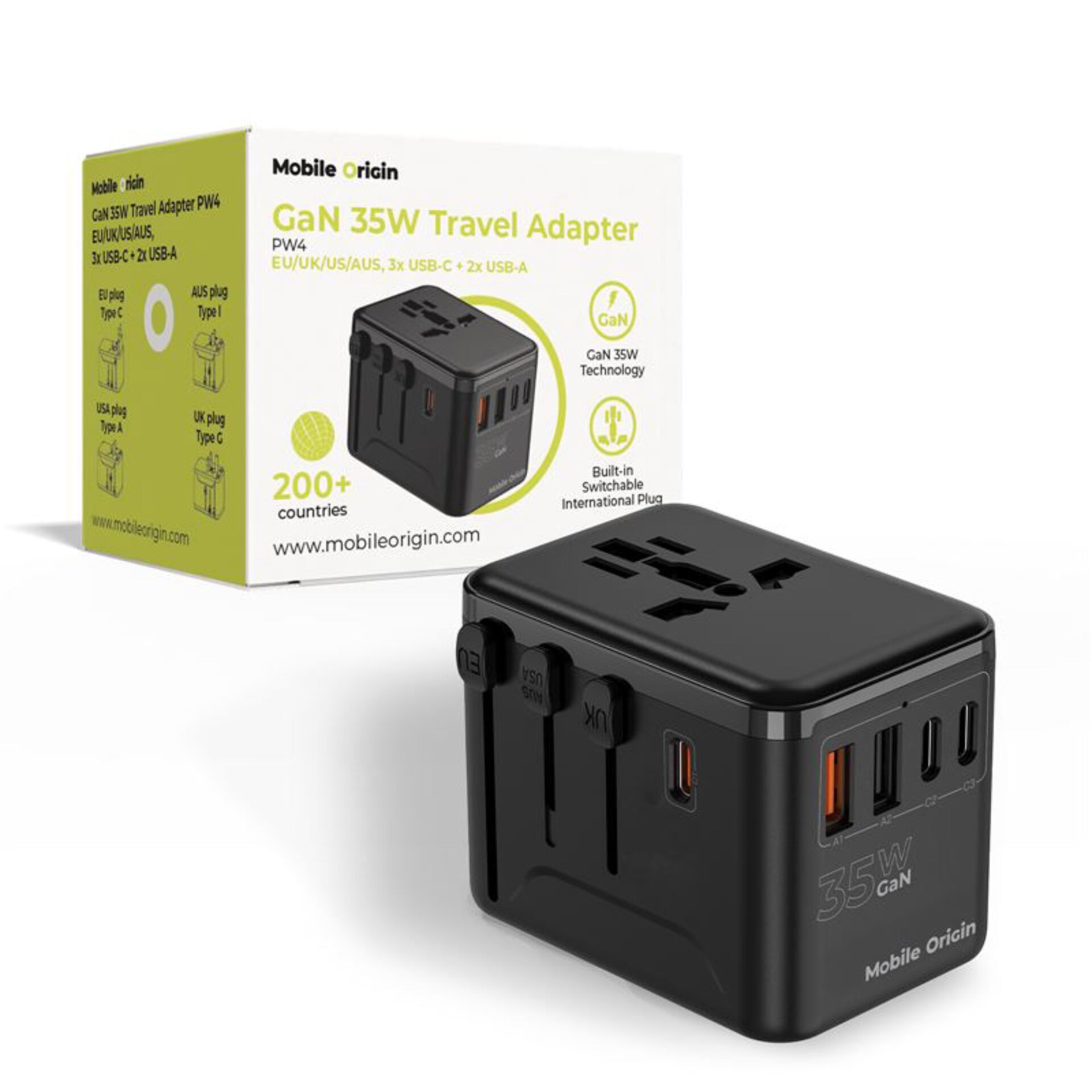 Mobile Origin 35W Travel Adapter  GaN PW4 EU/UK/US/AUS 3C+2A