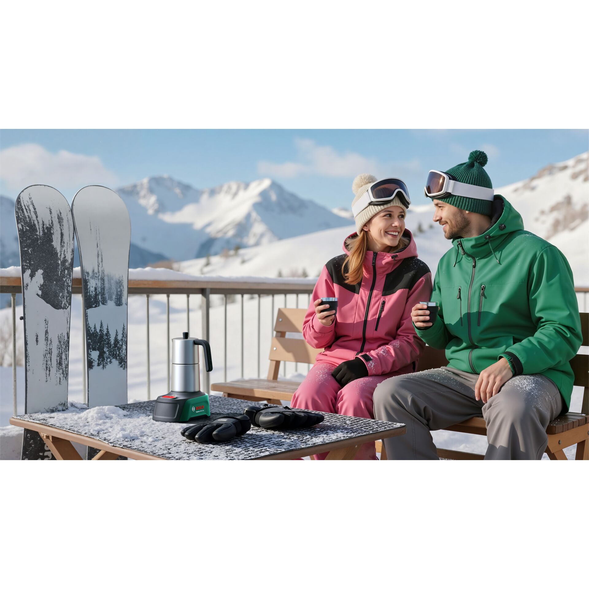 Skischuhe, Ski, Skimütze, Thermos, Handschuhe