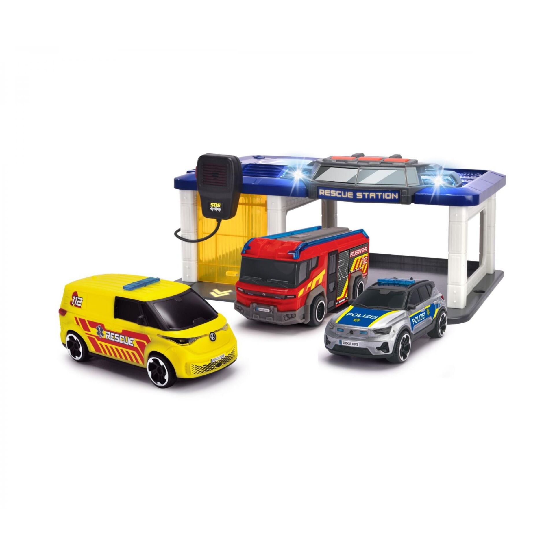Spielzeugauto, Rettungswagen, Polizeiauto, Feuerwehrauto, Kiosk Garage
