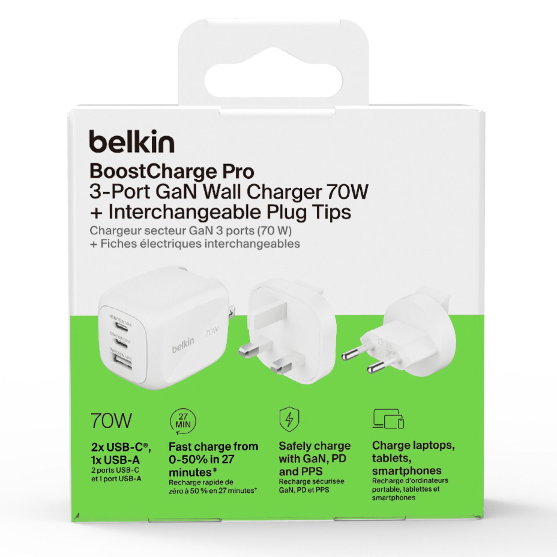 GaN charger, 3-Port, 70W, USB-C, wechselbare Stifte