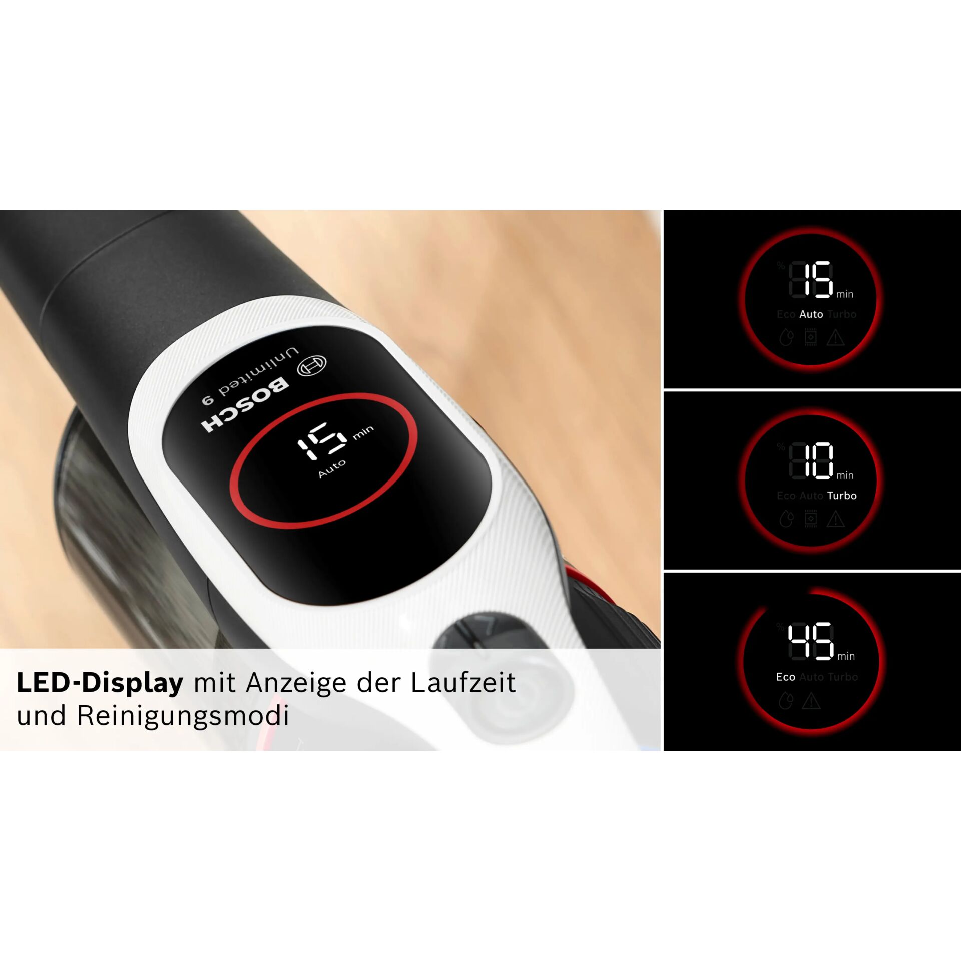 LED-Display, Laufzeitanzeige, Turbo, Reinigungsmodus, Eco Auto Turbo
