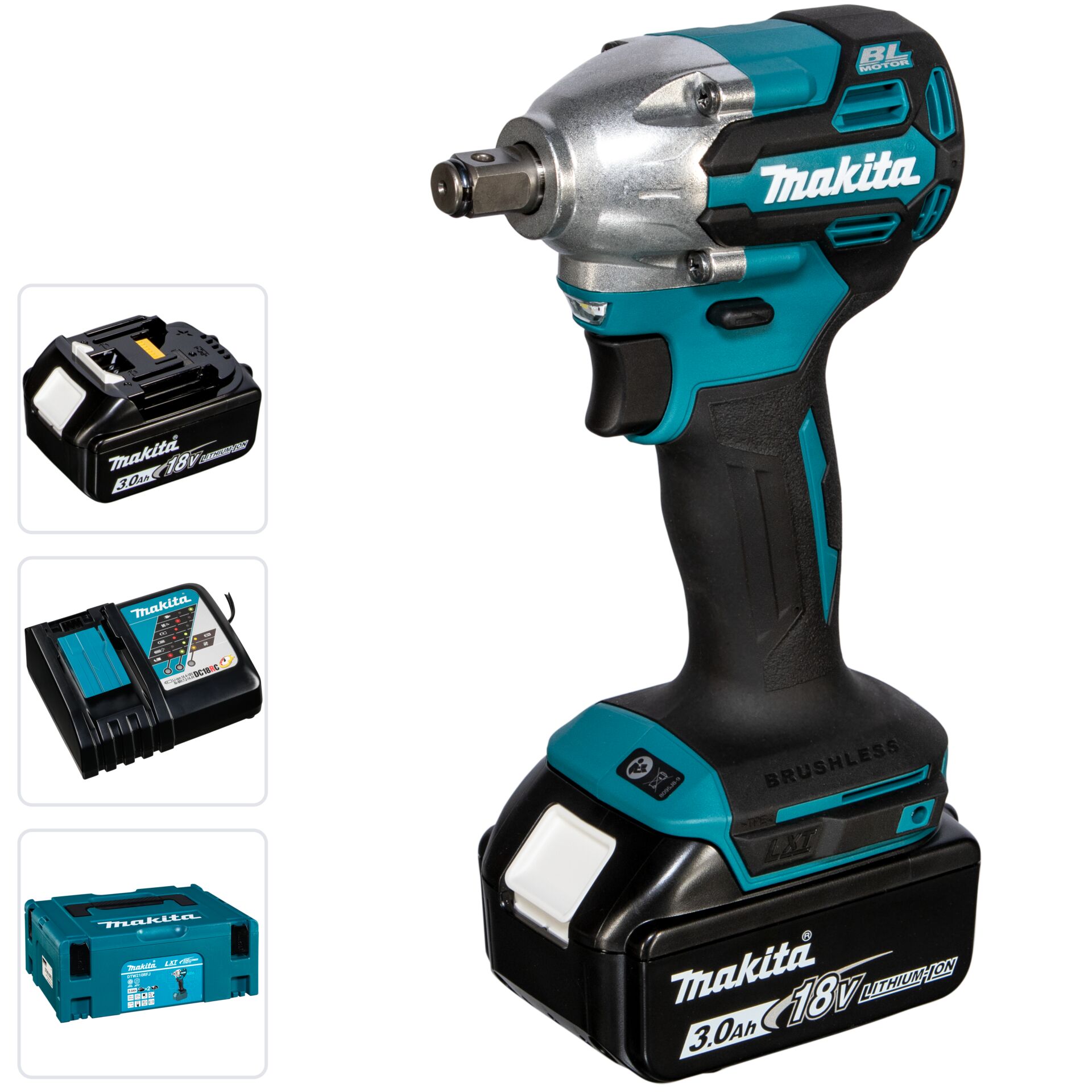 Akkuschrauber, Schrauber, 18V, Makita, Industriell, Akku-Schlagschrauber, 18-V-Akku, Bürstenloser Motor, Ladegerät und Koffer, Türkis-schwarz