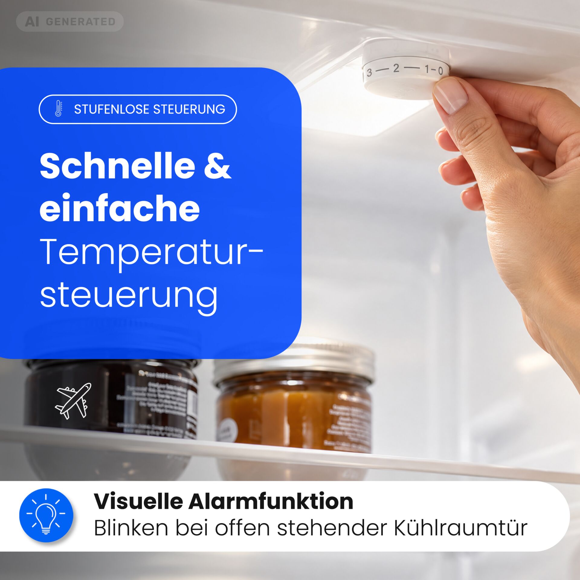 Kühlschrank, Temperaturregler, stufenlose Steuerung, Tür-offen-Alarm, Innenbeleuchtung