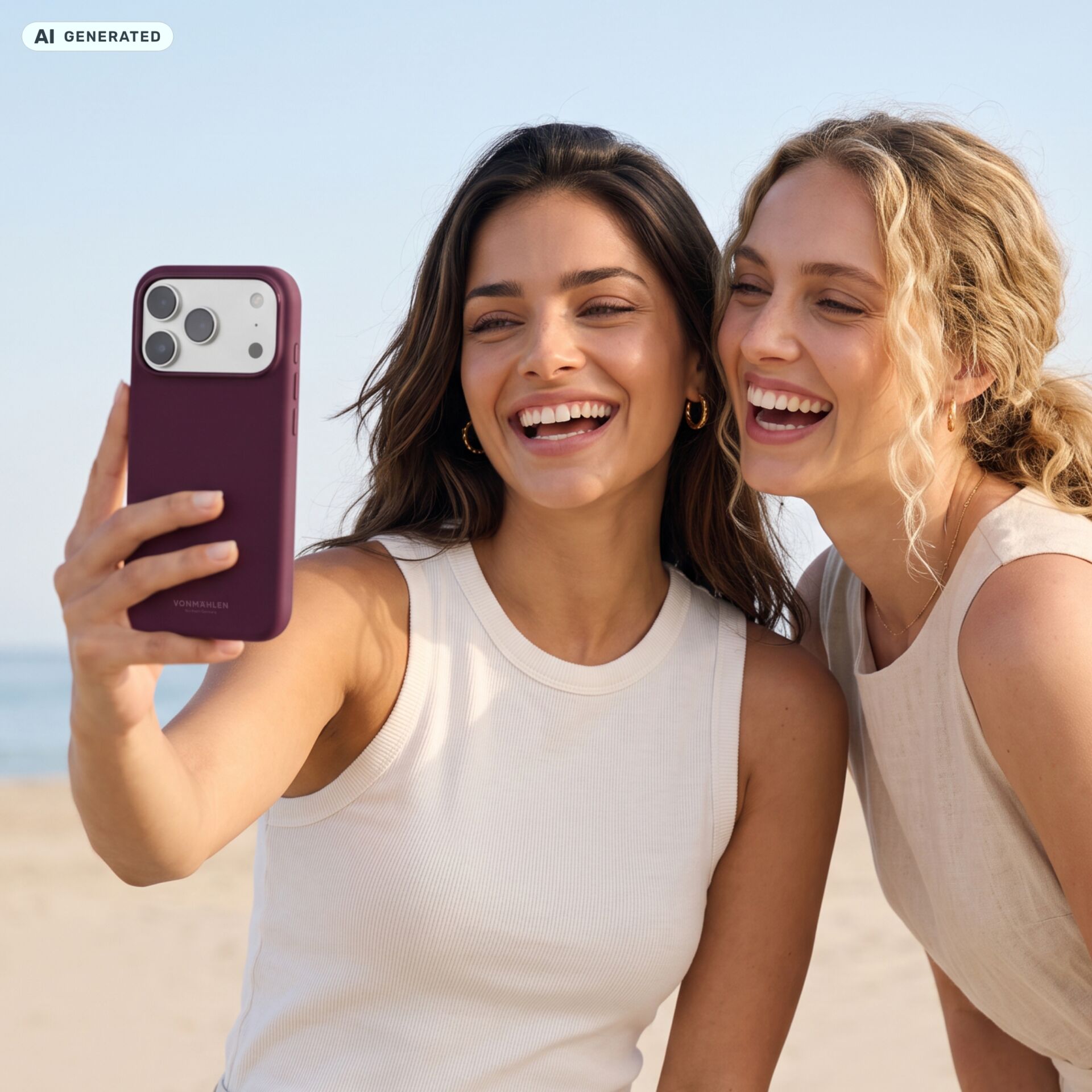 Smartphone, Hülle, Lila, Dreifach-Kamera, Strand, Selfie