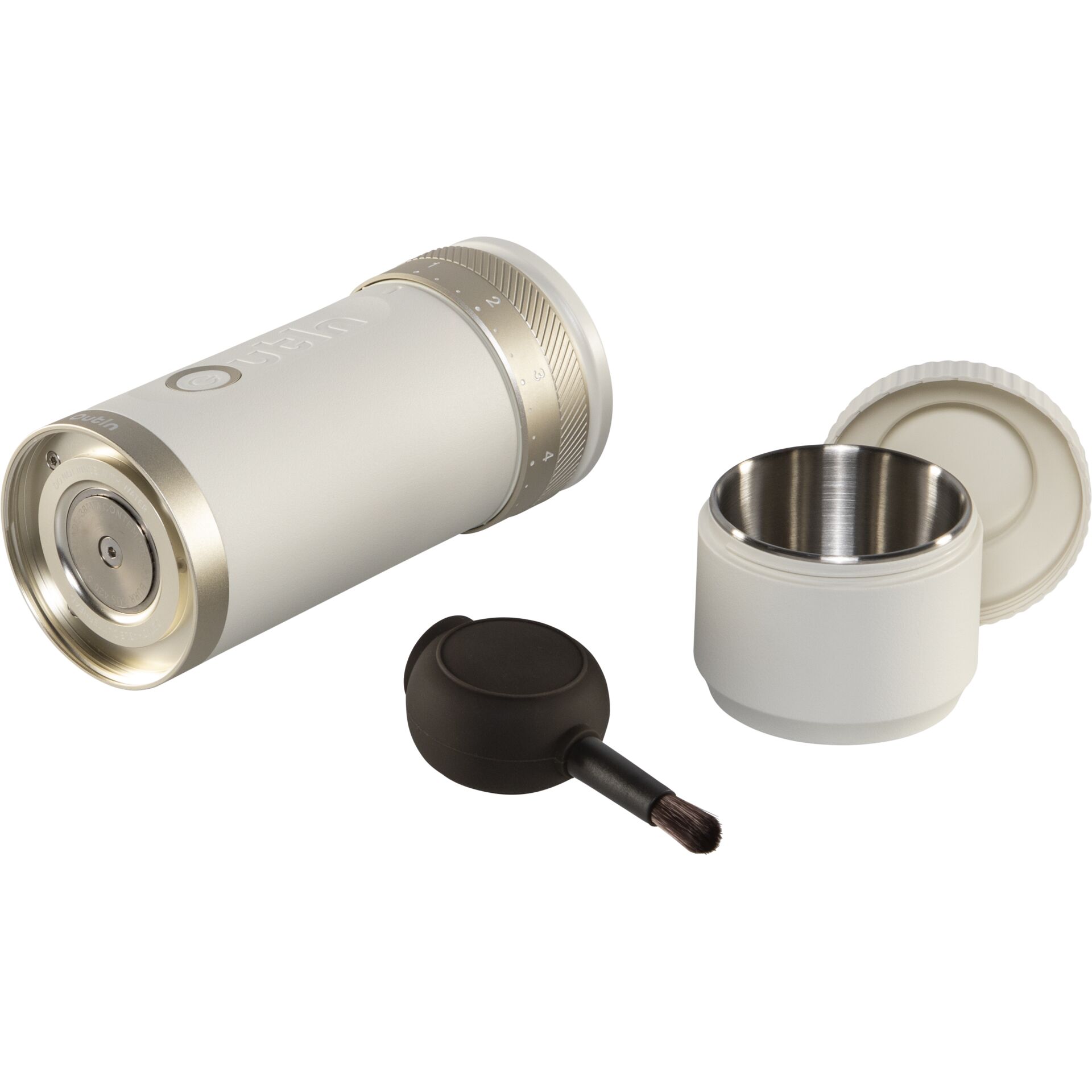 Kaffeemühle, elektrisch, Edelstahlbehälter, weiß, Reinigungsbürste