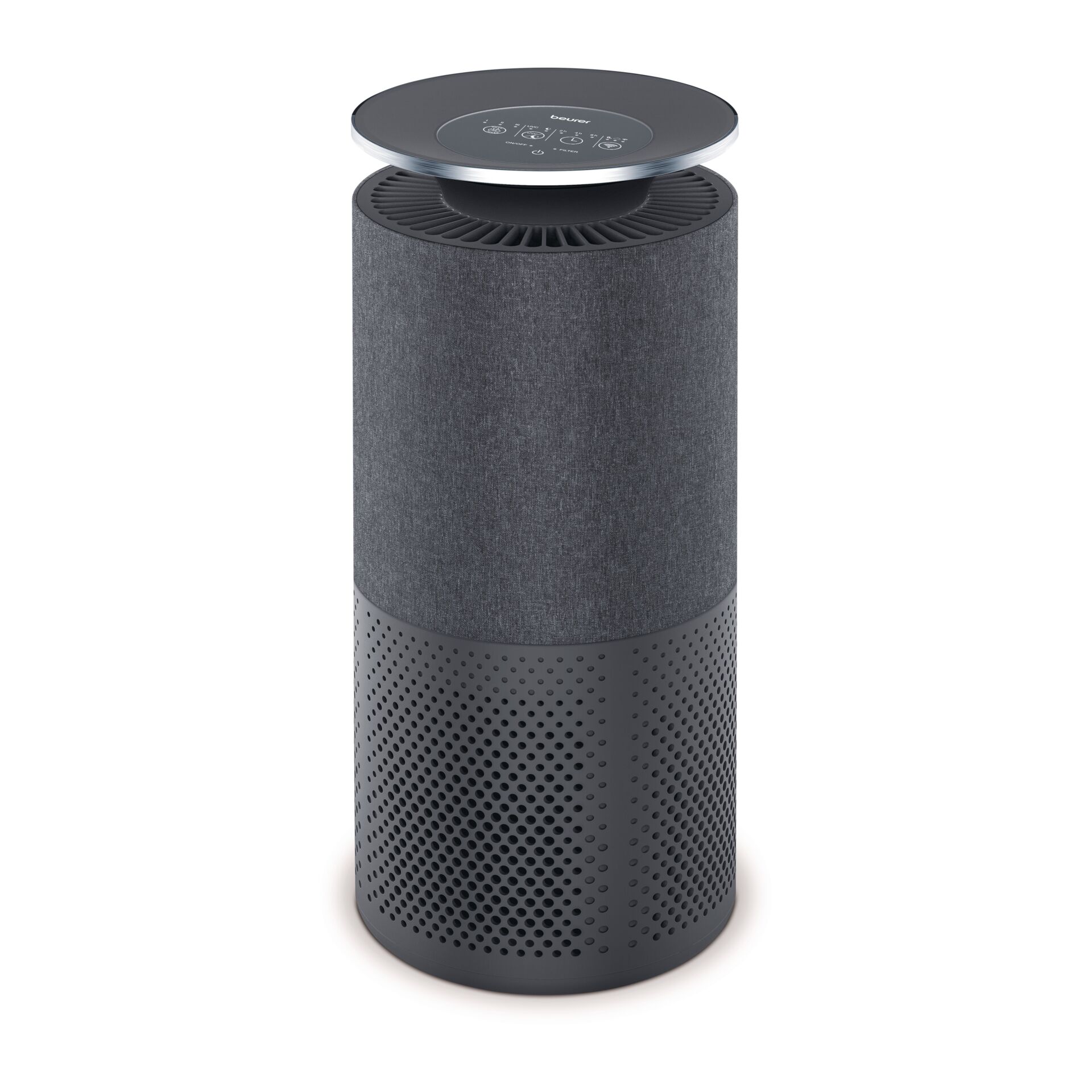Luftreiniger, Standgerät, Graue Hülle, Perforierte Basis, Drehbares Oberteil