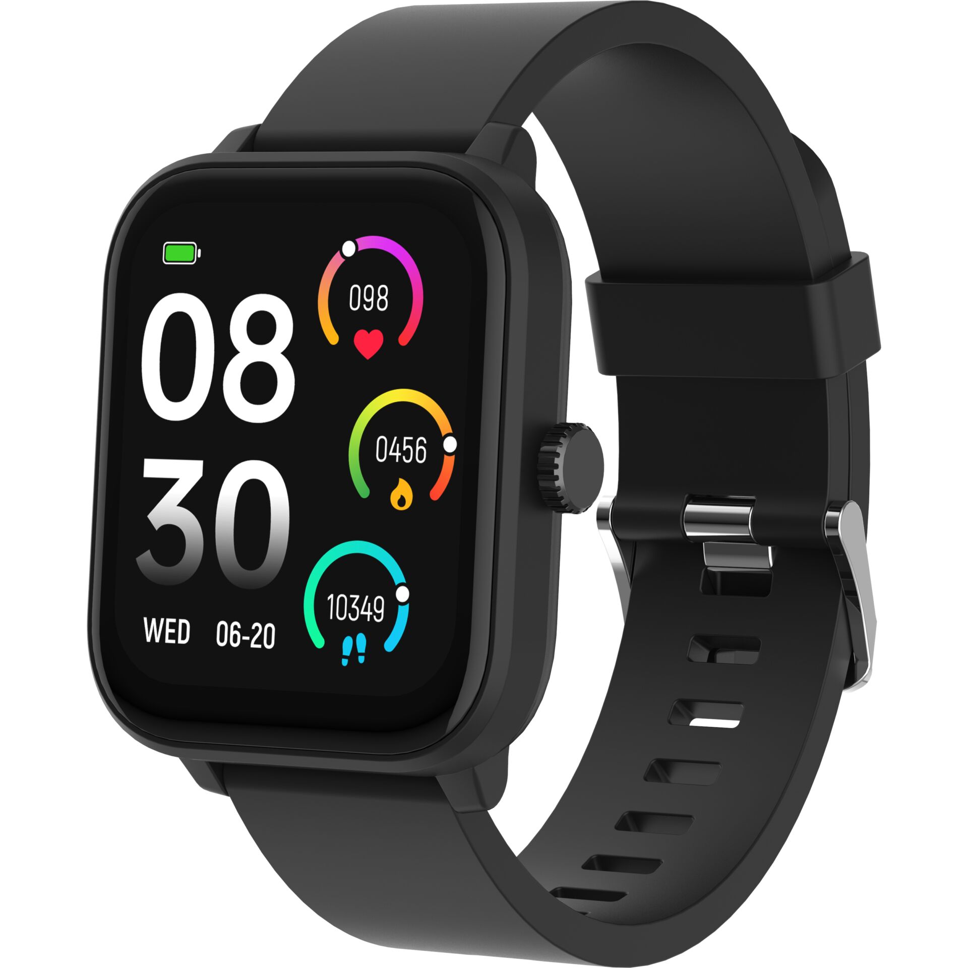 smartwatch, digital display, silicone band, schwarz, quadratischer rahmen