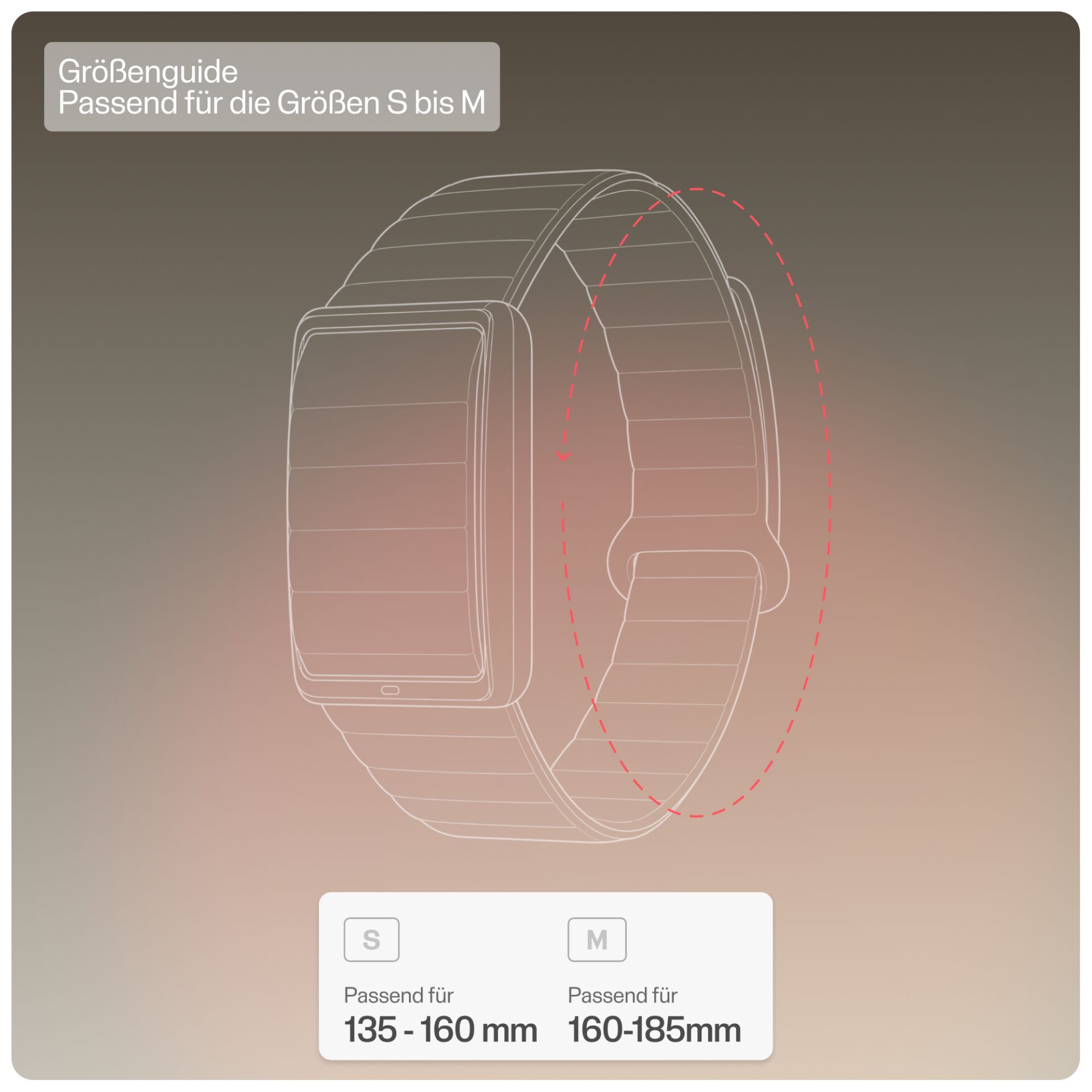 Smartwatch, Armband, Größen S–M, Handgelenkumfang 135–185 mm