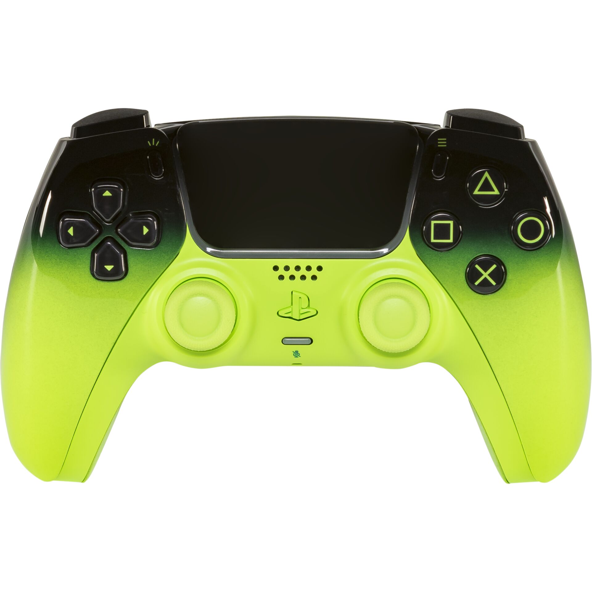 PlayStation 5 controller, DualShock style, neon green, wireless gamepad, buttons triangle circle square x