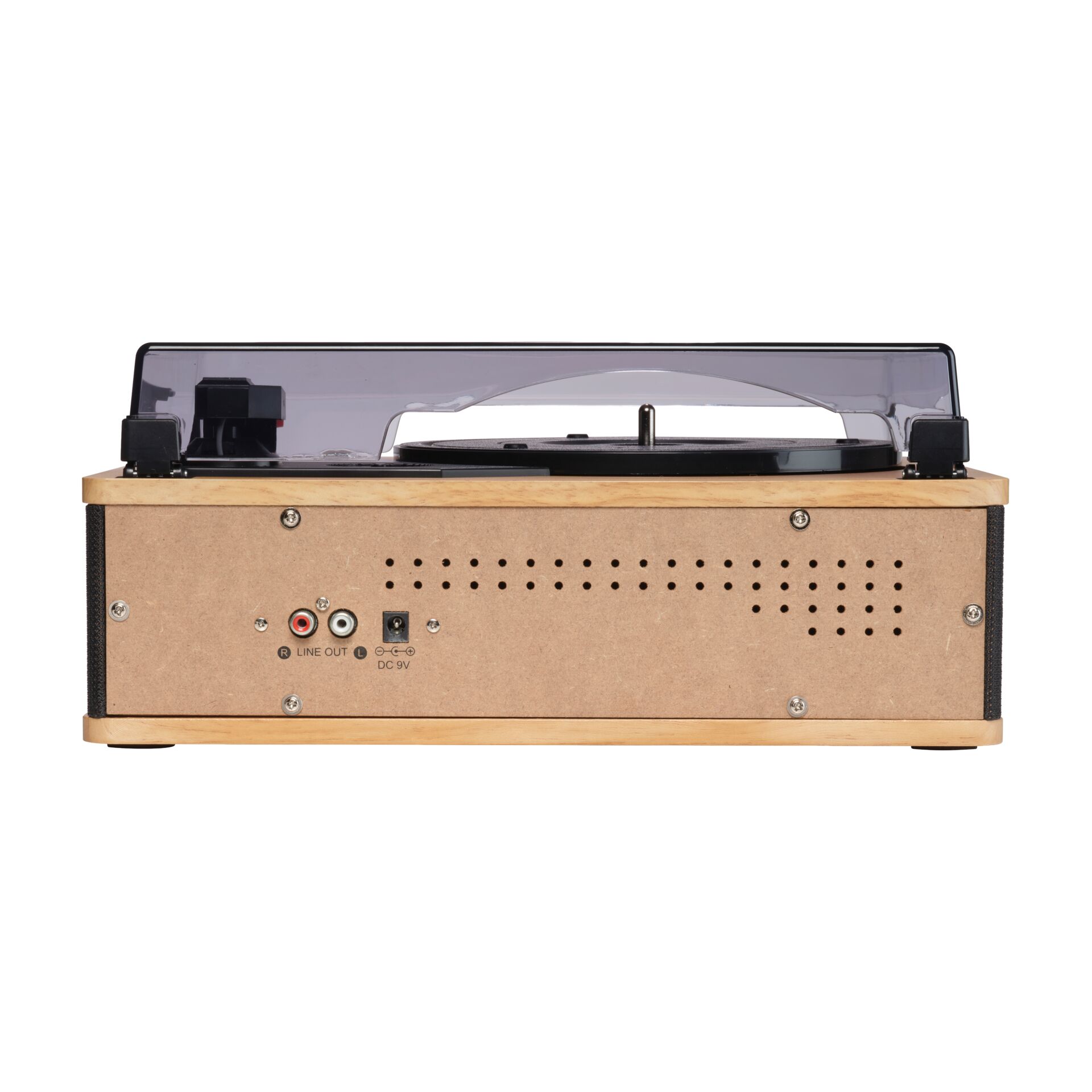 Turntable, Holzgehäuse, Vinylspieler, Rückseite, DC-Netzteil